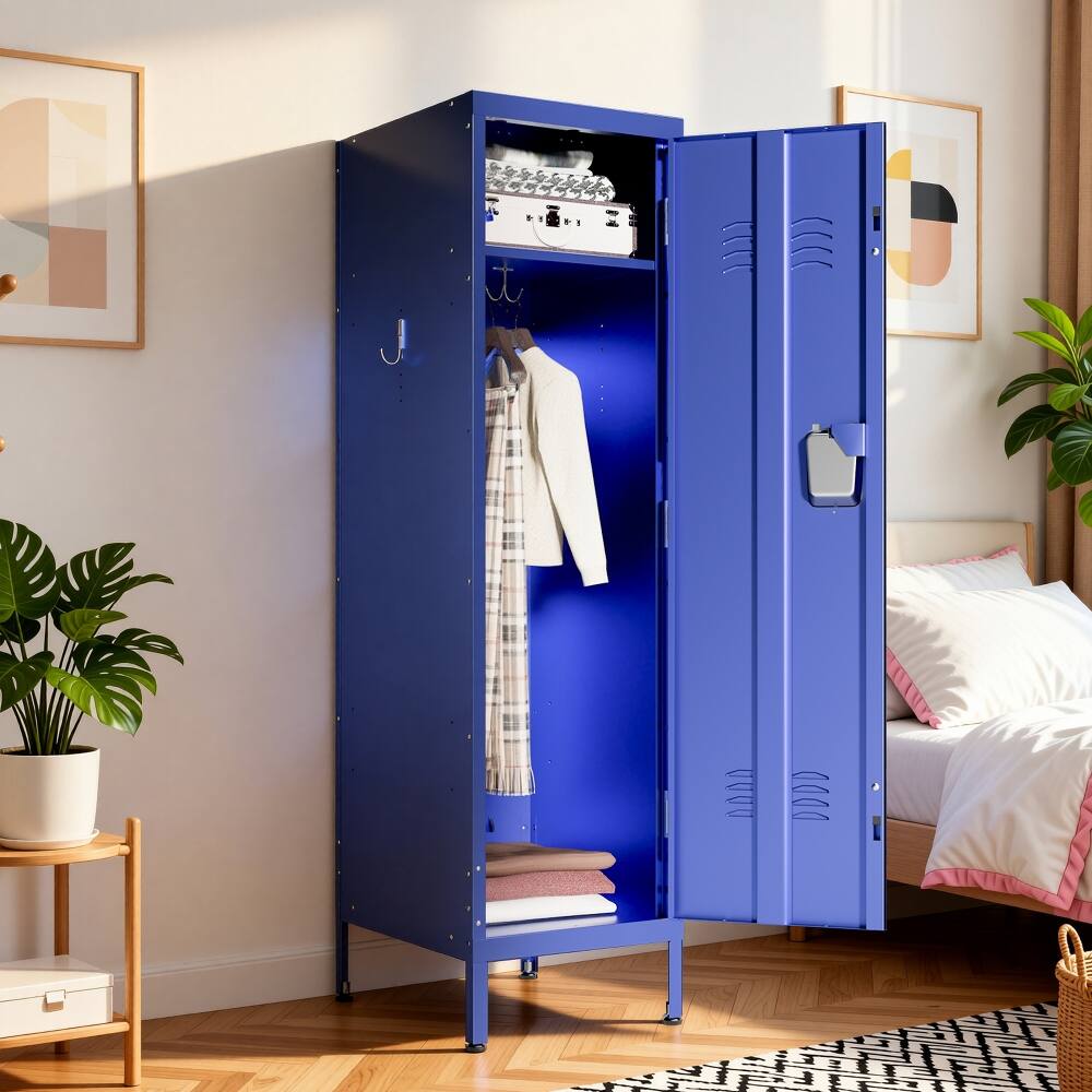 Alt View 8. Loheer - Loheer Tall Metal Wardrobe Cabinet, Lockable Steel Clothing Locker for Bedroom and Home Office, Matte Blue - Matte Blue.