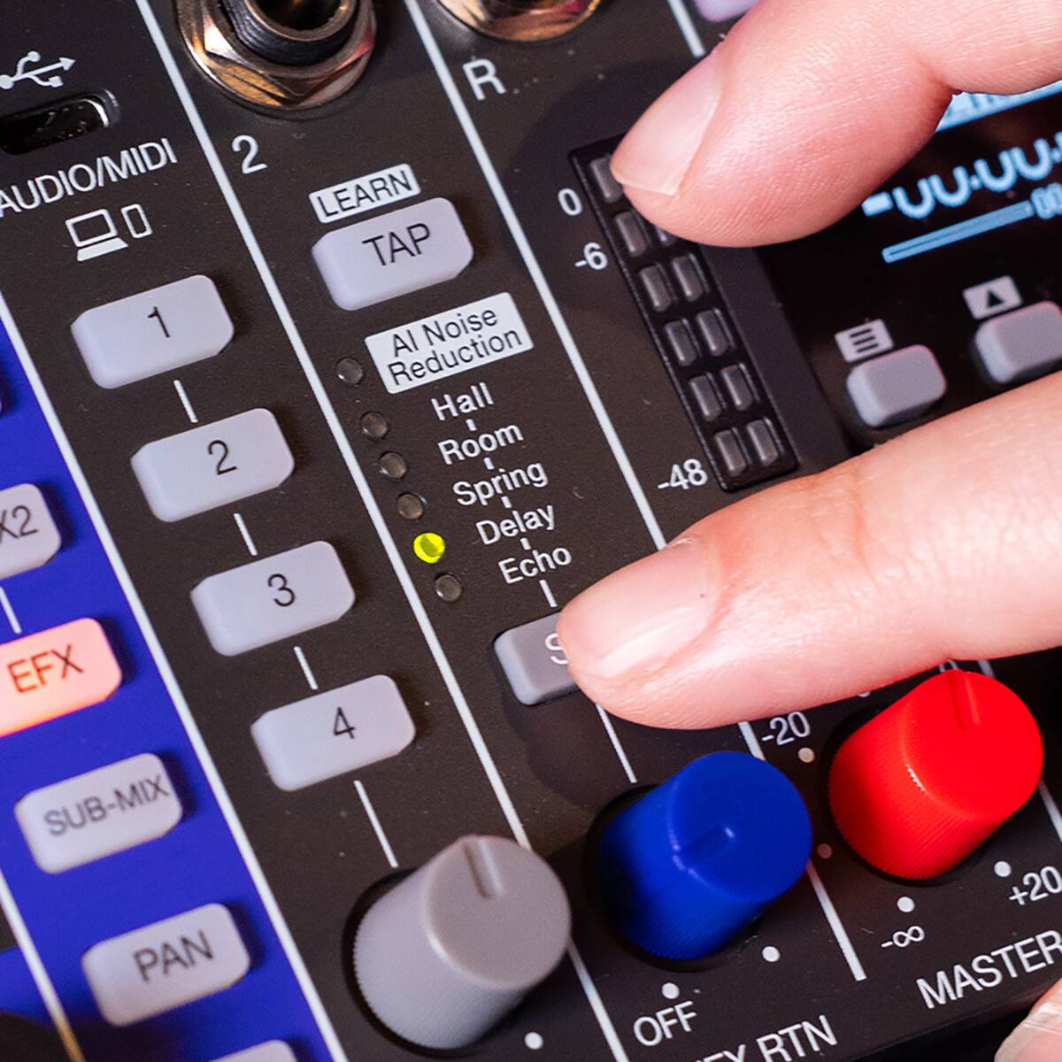 R AUDIO/MIDI 2 LEARN 0 TAP -6 A 1 AI Noise Reduction Hall Room Spring -48 I K2 Delay 1 Echo 3 I EFX S 4 -20 SUB-MIX +20 PAN -00 MASTER OFF RTN