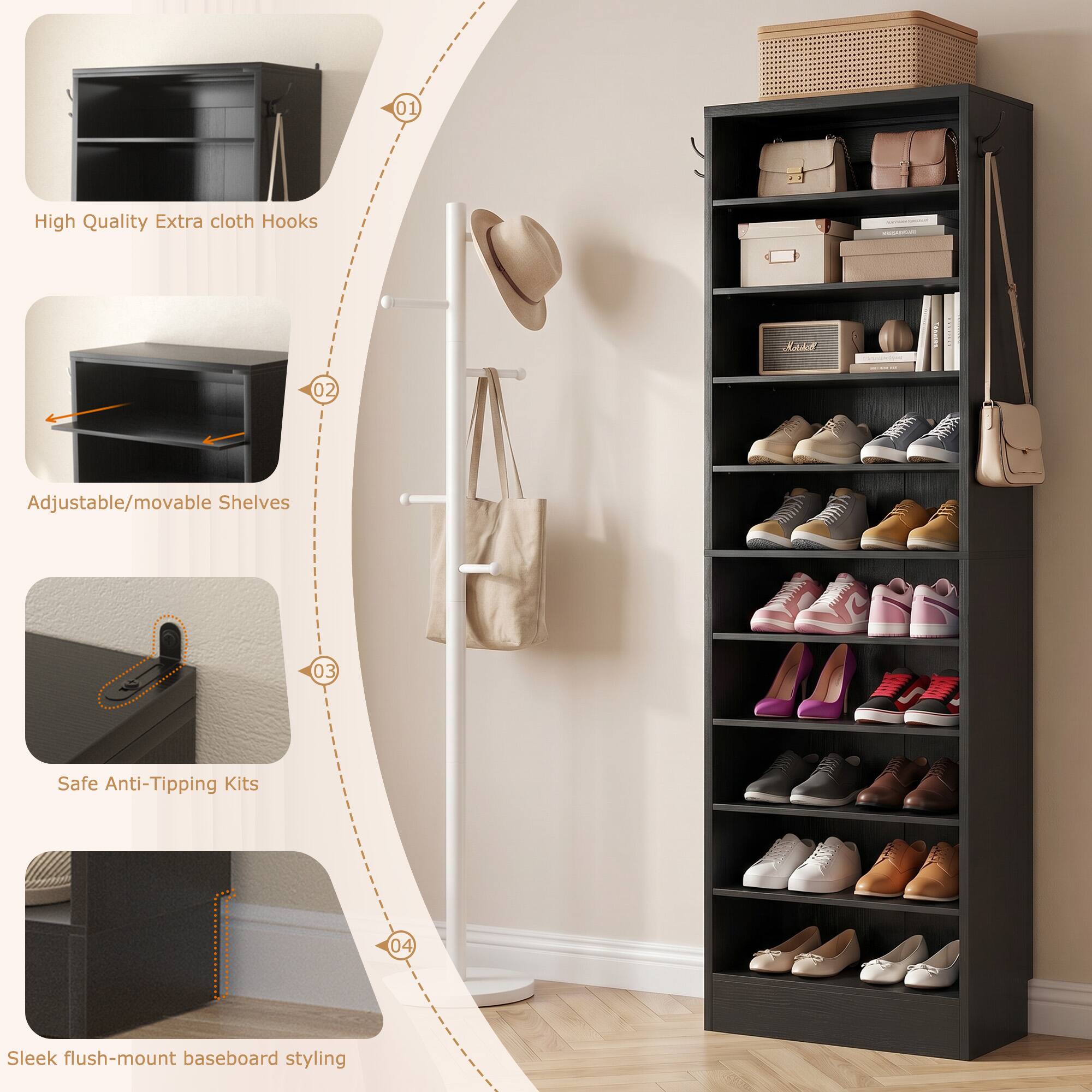 01 High Quality Extra cloth Hooks  
02 Adjustable/movable Shelves  
03 Safe Anti-Tipping Kits  
04 Sleek flush-mount baseboard styling