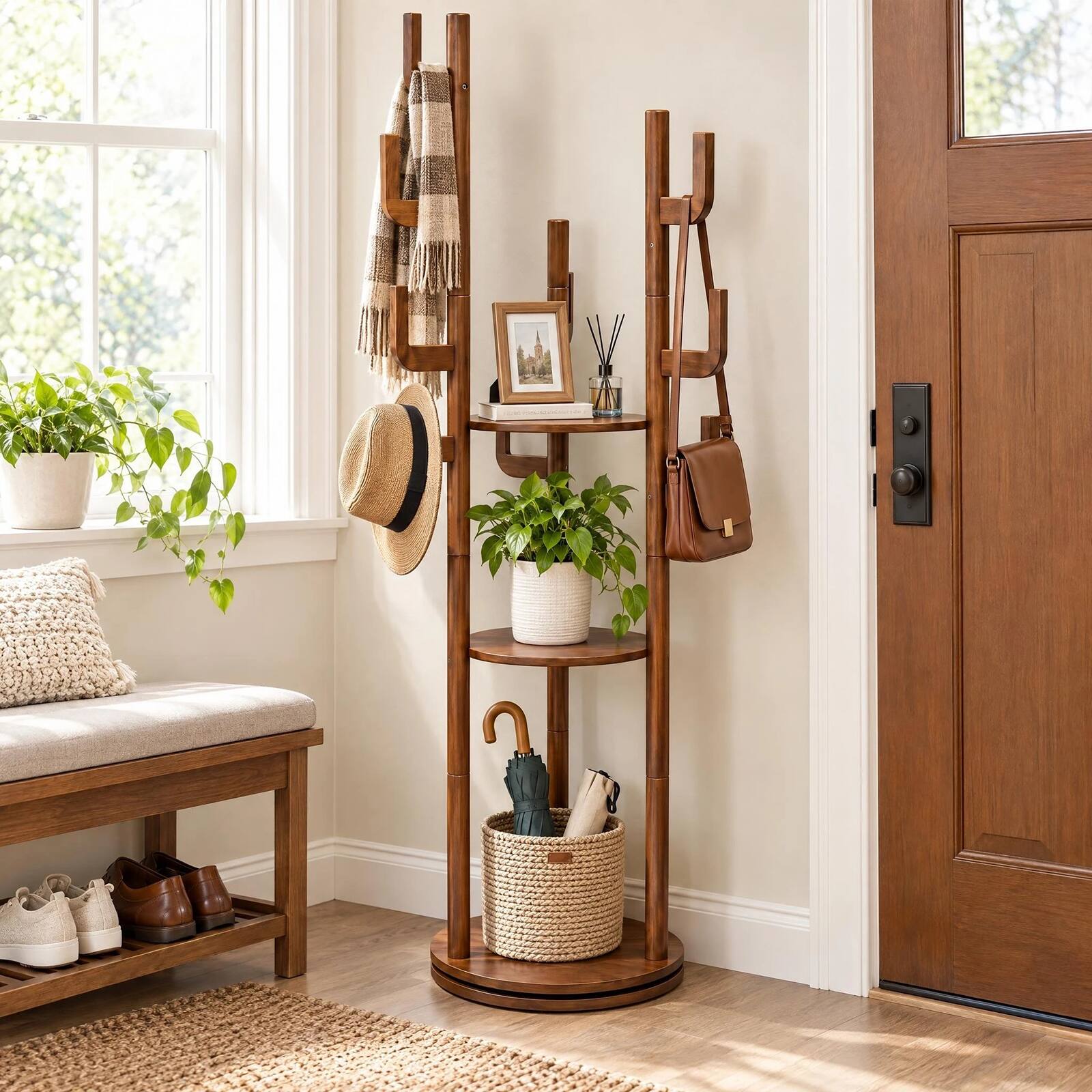 Front. MERAVOM - Coat Rack Freestanding, Solid Wood Rotary Coat Rack with 3 Storage Shelves & 9 Hooks, Coat Tree for Bedroom, Living room - Walnut.