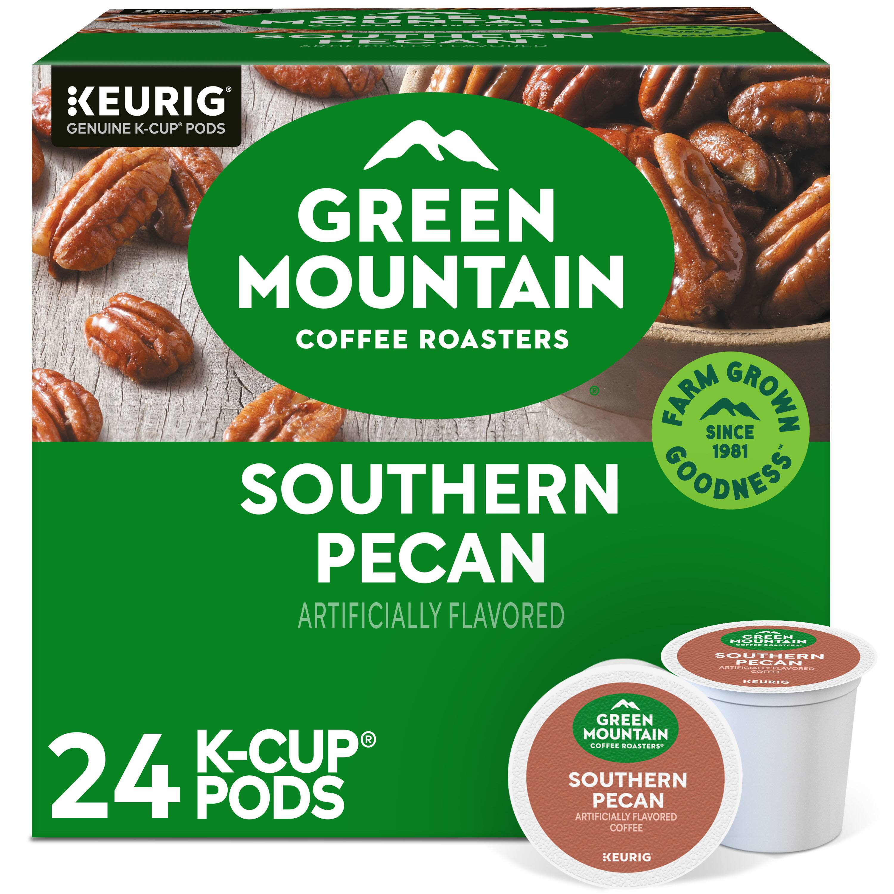 KEURIG GENUINE K-CUP PODS  
GREEN MOUNTAIN COFFEE ROASTERS  
FARM GROWN SINCE 1981  
SOUTHERN PECAN ARTIFICIALLY FLAVORED  
24 K-CUP PODS