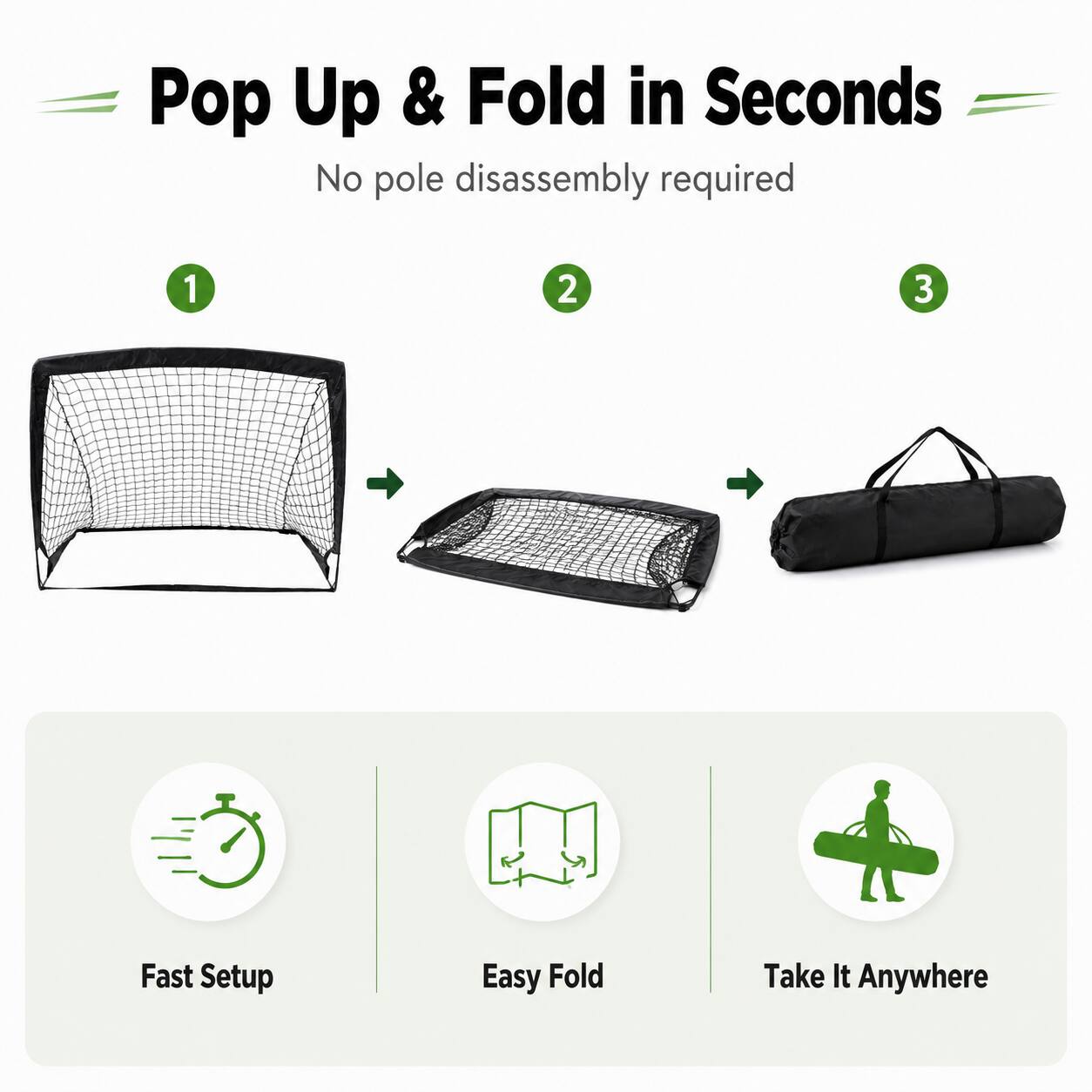 Pop Up & Fold in Seconds  
No pole disassembly required  

1 2 3  
Fast Setup  
Easy Fold  
Take It Anywhere