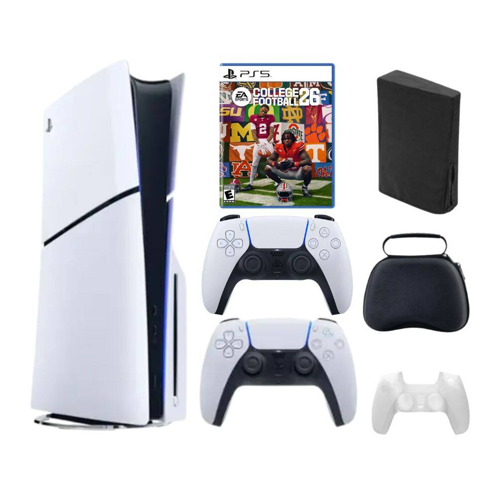 PlayStation 5 Slim Disc Bundle with College Football 26 Game, Accessories and Extra Controller - PlayStation