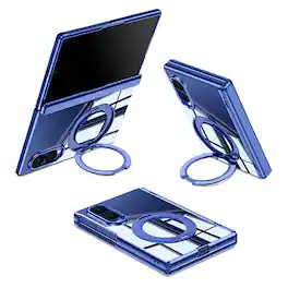 Dteck - For Samsung Galaxy Z Fold8 Clear Magnetic Case Ring Kickstand Shockproof Rugged Hinge Cover+Built-in Screen Protector - Blue(privcy film)