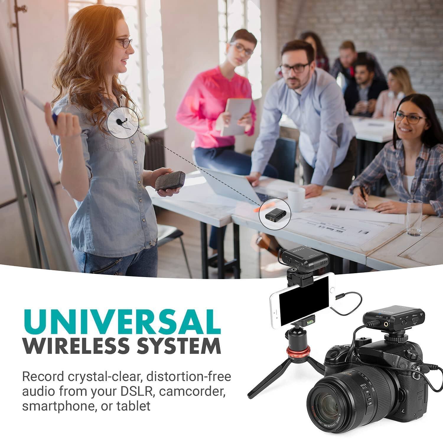 UNIVERSAL WIRELESS SYSTEM

Record crystal-clear, distortion-free audio from your DSLR, camcorder, smartphone, or tablet