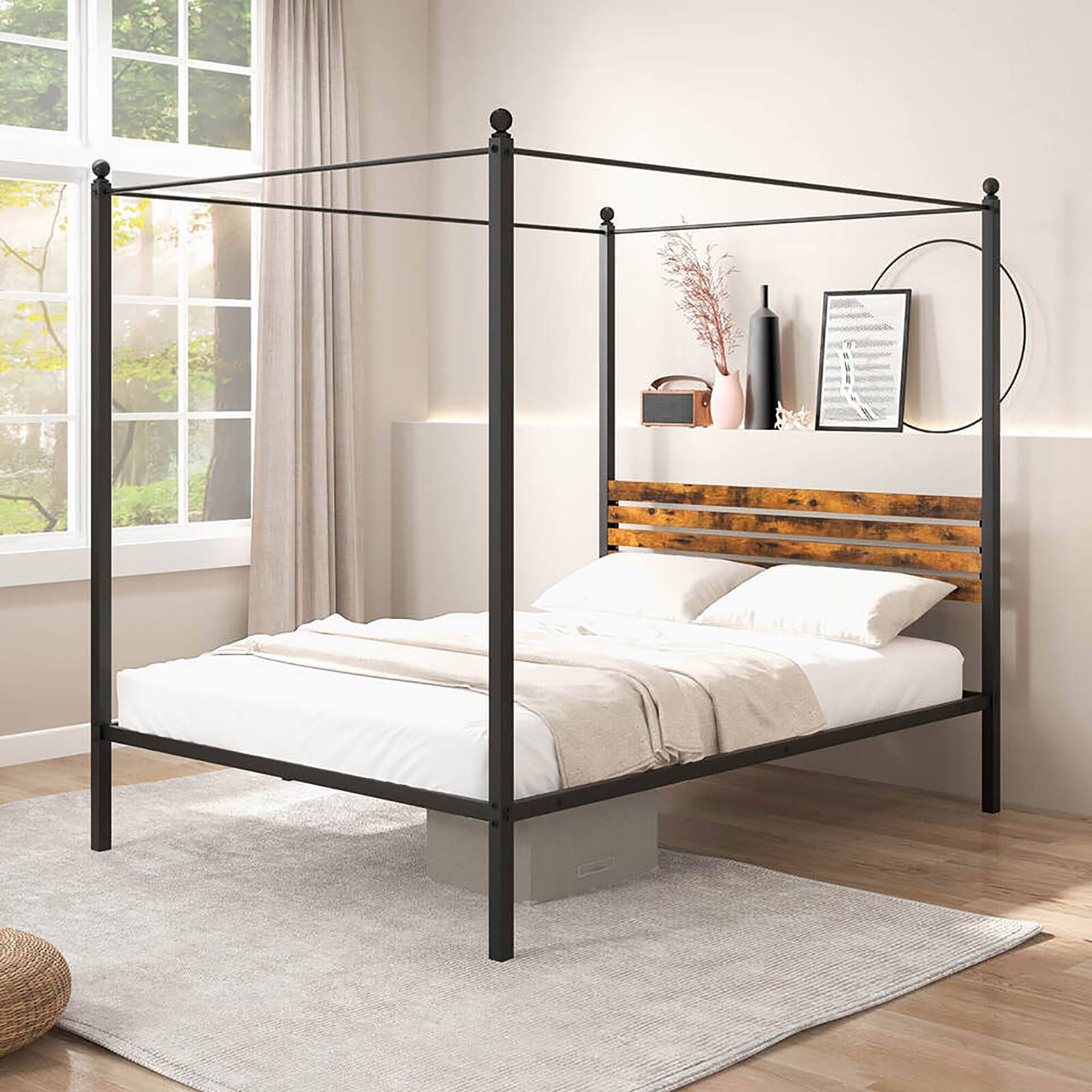 Alt View 5. Gymax - Gymax Queen Size 4-Post Canopy Bed Frame Rustproof Metal Noise-free with Foot Pads - Rustic Brown + Black.