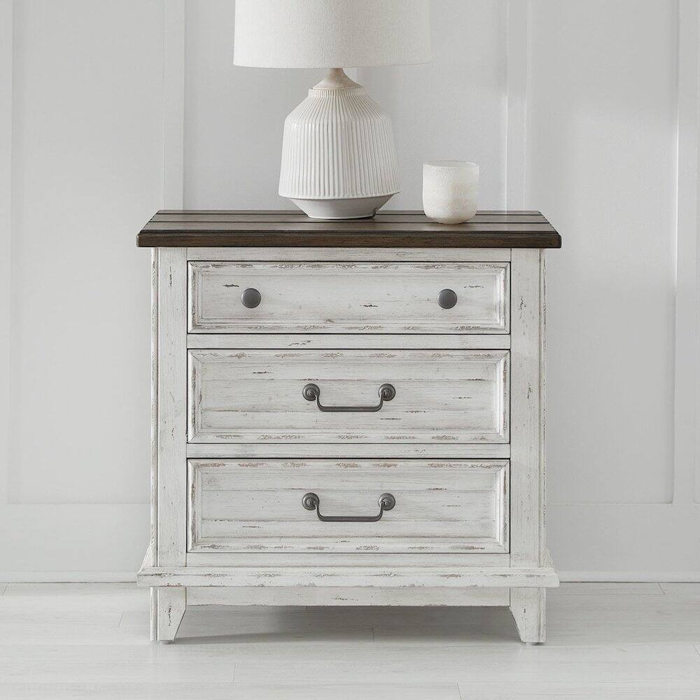 Alt View 5. Liberty Furniture Industries - 3 Drawer Nightstand with AC USB Charging Station Cottage - Riverstone White & Tobacco.