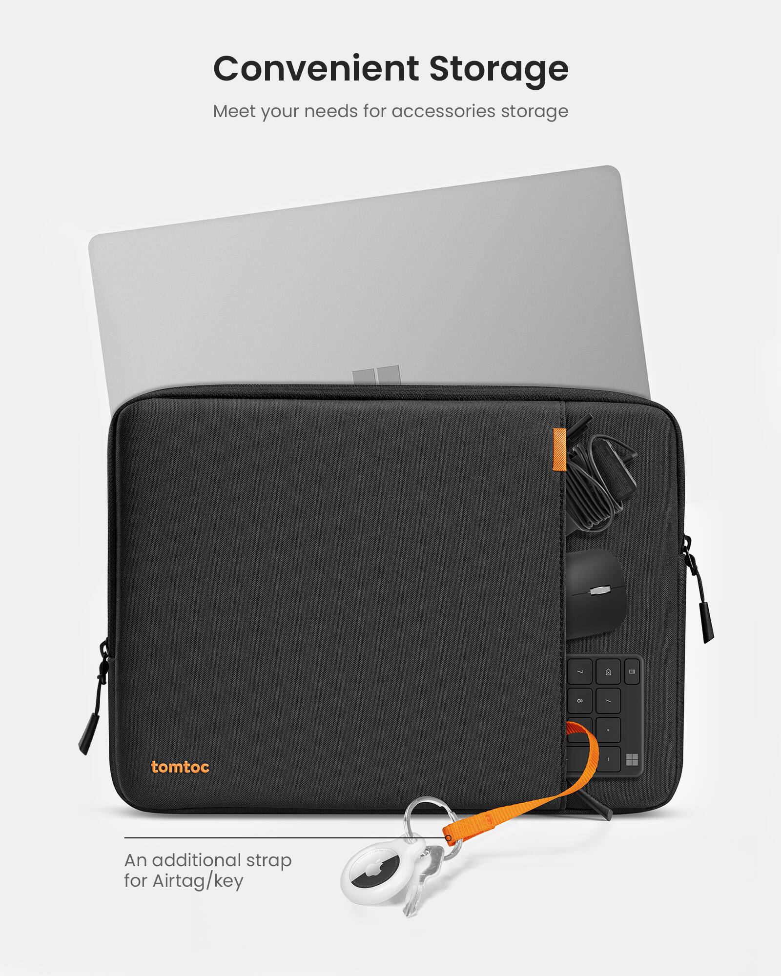 Convenient Storage: Meet your needs for accessories storage with tomtoc. An additional strap for Airtag/key.