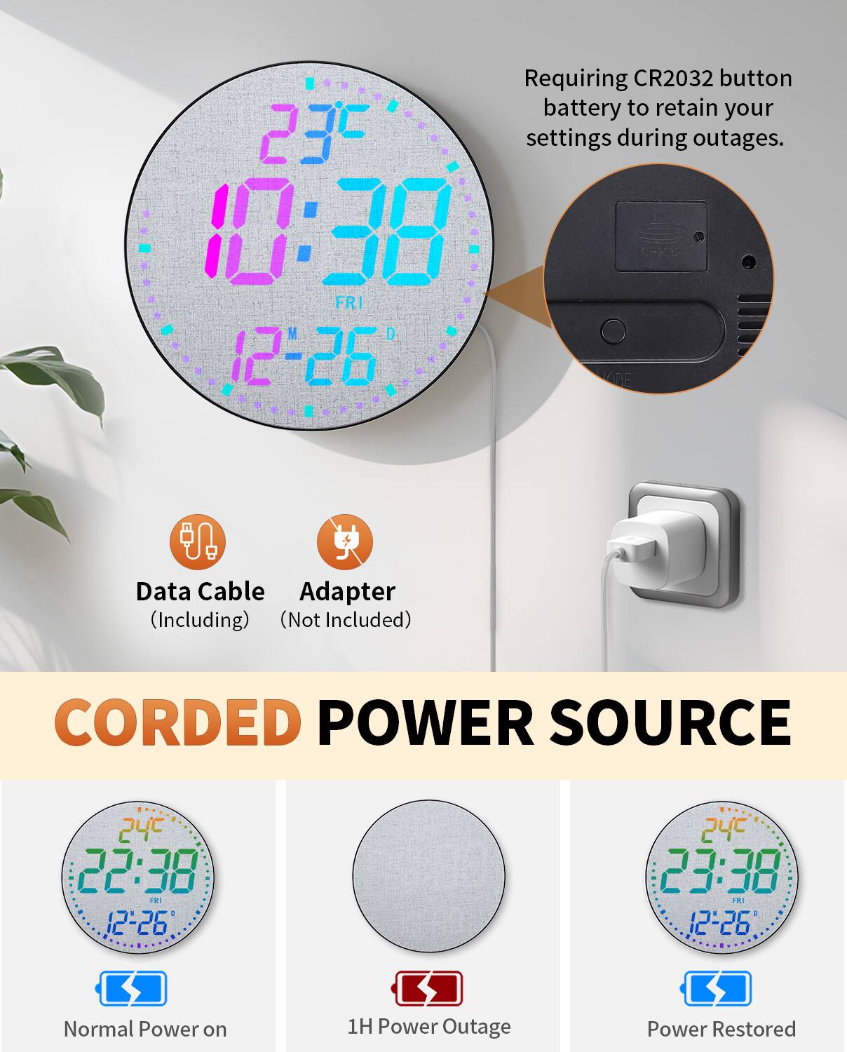 Requiring CR2032 button battery to retain your settings during outages.

Data Cable (Including)  
Adapter (Not Included)

CORDED POWER SOURCE

Normal Power on  
1H Power Outage  
Power Restored