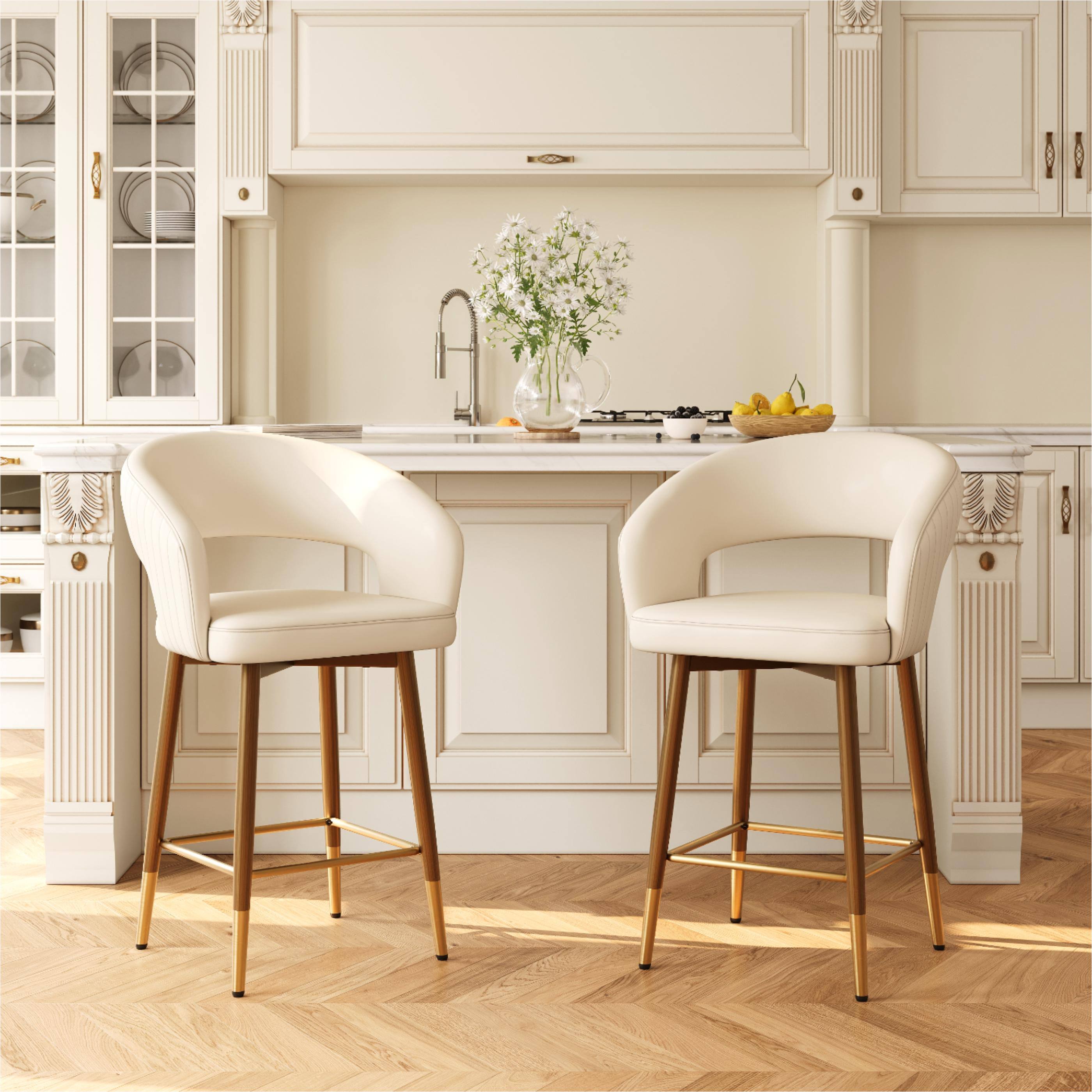 Back. POVISON - 26" Modern Cutout Back Counter Height Bar Stools Set of 2, Faux Leather Bar Chairs with Arms, Beige & Bronze - Beige & Bronze.
