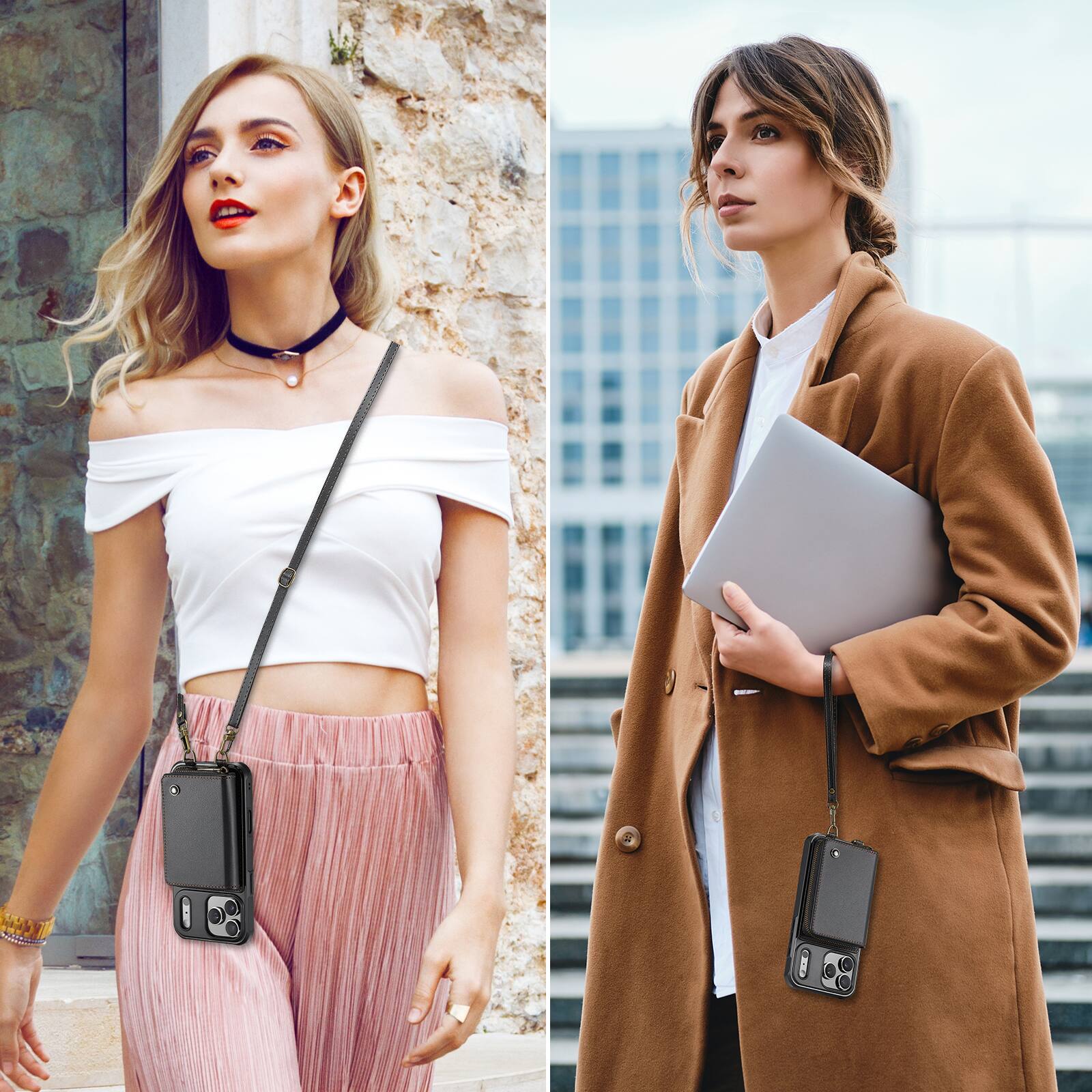 Alt View 2. Dteck - Dteck Crossbody Zipper Wallet Case for iPhone 17 Pro Max, RFID Blocking PU Leather Card Slots Wrist Strap Lanyard Cover - Black.
