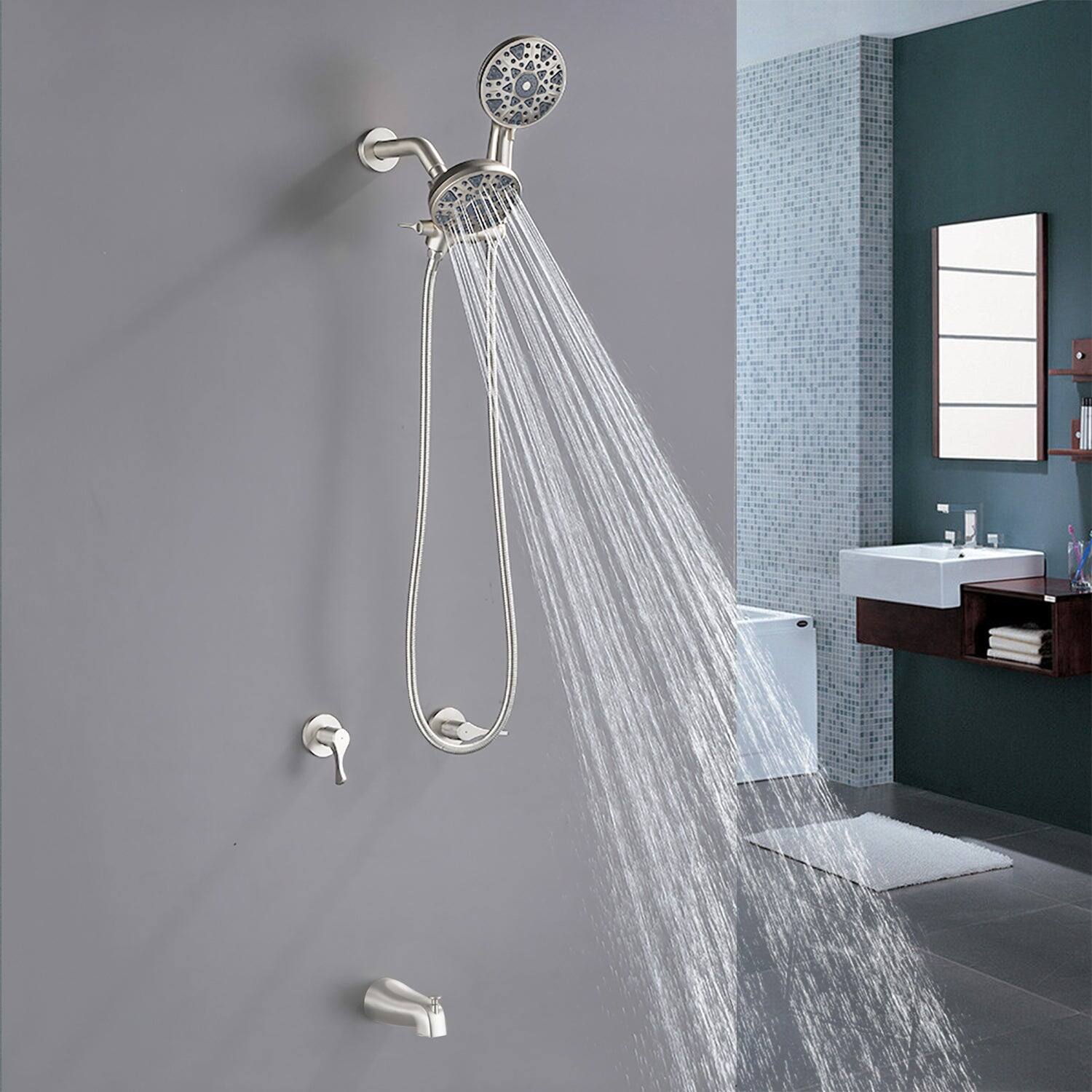 Alt View 3. Boyel Living - Brushed Nickel Shower Set with Dual Handle Control 6 Function Dual Shower Heads and Tub Spout - Brushed Nickel.