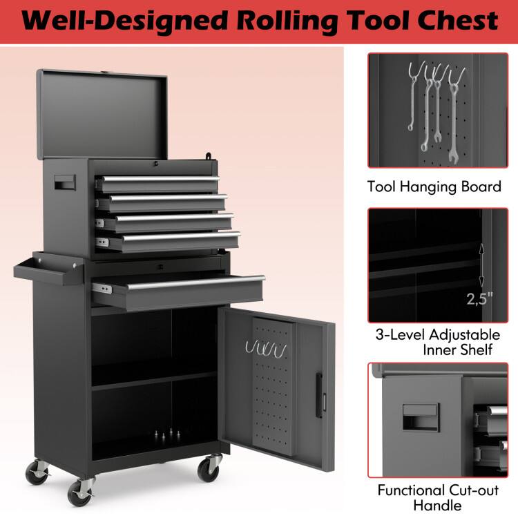 Well-Designed Rolling Tool Chest

- Tool Hanging Board
- 3-Level Adjustable Inner Shelf (2.5")
- Functional Cut-out Handle