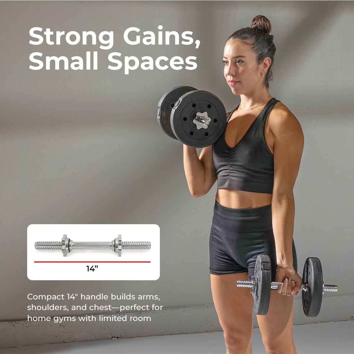 Strong Gains, Small Spaces

Compact 14" handle builds arms, shoulders, and chest—perfect for home gyms with limited room