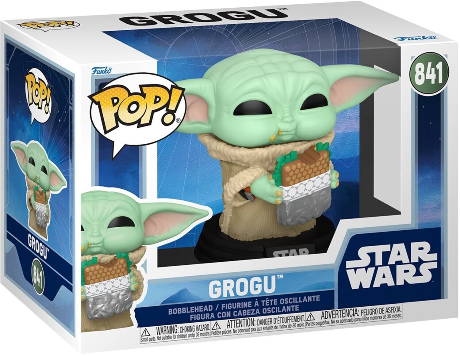 POP! 841 GROGU 841 STAR WARS  
GROGU  
BOBBLEHEAD / FIGURINE À TÊTE OSCILLANTE  
FIGURA CON CABEZA OSCILANTE  
WARNING: CHOKING HAZARD - Small parts. Not suitable for children under 36 months.  
ADVERTENCIA: PELIGRO DE ASFIXIA. Piezas pequeñas. No es adecuado para niños menores de 36 meses.  
ATTENTION: DANGER d'étouffement. Petites pièces. Ne convient pas aux enfants de moins de 36 mois.
