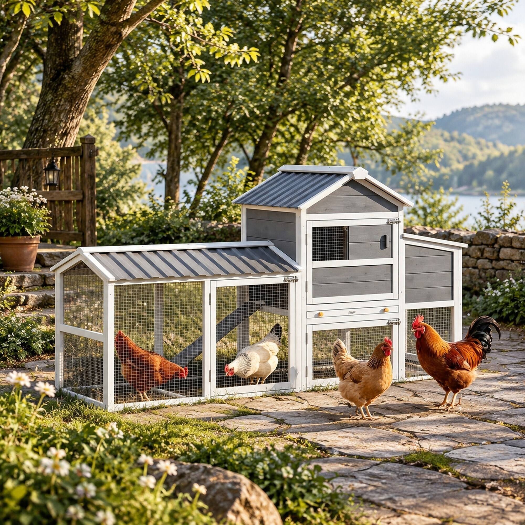 Angle. RYHNUYNE - Wooden Chicken Coop with Wheels, 79.5 in Outdoor Hen House, 12.3 sq ft Run, Nesting Box, Pull-Out Tray, Gray.