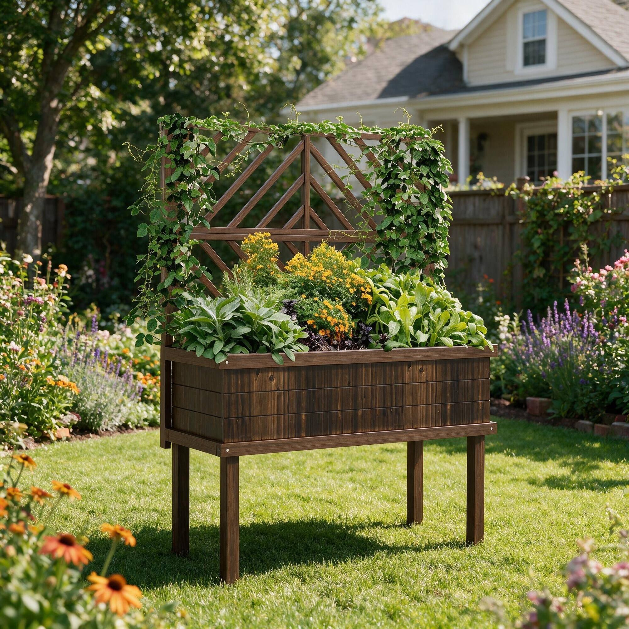 Alt View 2. RYHNUYNE - Outsunny Raised Garden Bed with Trellis for Climbing Plants, Carbonized Fir Wood Planter with Legs, Drainage Holes - Brown.
