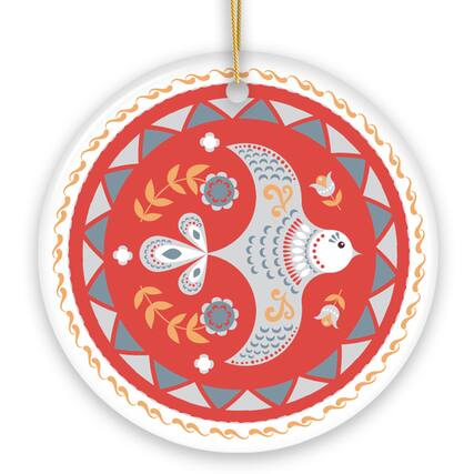 Front. OrnamentallyYou - Scandinavian Bird Christmas Ornament Ethnic Classic Folklore 2D Illustration Circle Version - Multi-colored.