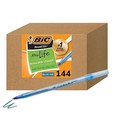 BIC Round Stic  
#1 Selling Ball Pen  
Xtra Life  
Writes 90% Longer  
Writes Every Time  
Whiter Fret Time  
BLUE INK  
144 M  
Round Stic M