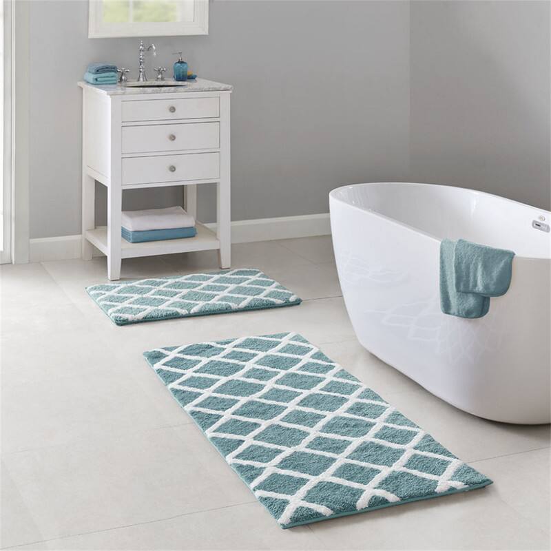 Left. HTUTWOO - Reversible High Pile Tufted Bath Rug - 24x60" Microfiber Bathroom Mat, Geometric to Stripes Reversible, Machine Washable - AQUA.