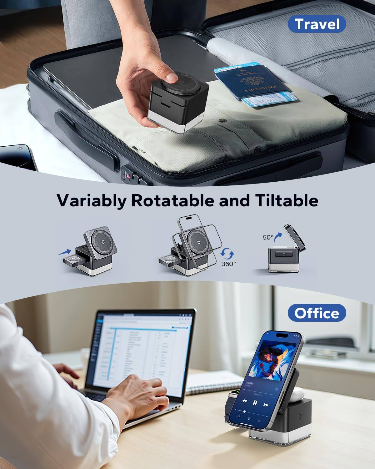 Travel  
Variably Rotatable and Tiltable  
50°  
360°  
Office