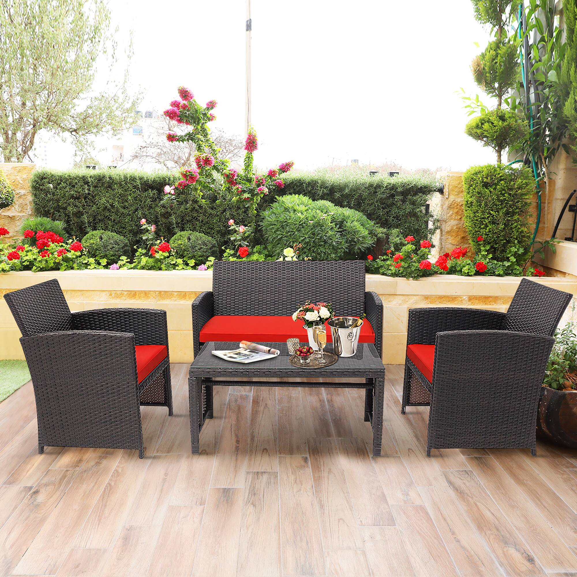 Alt View 3. Costway - Costway 8PCS Patio Rattan Furniture Set Cushioned Chair Sofa Coffee Table - Red.