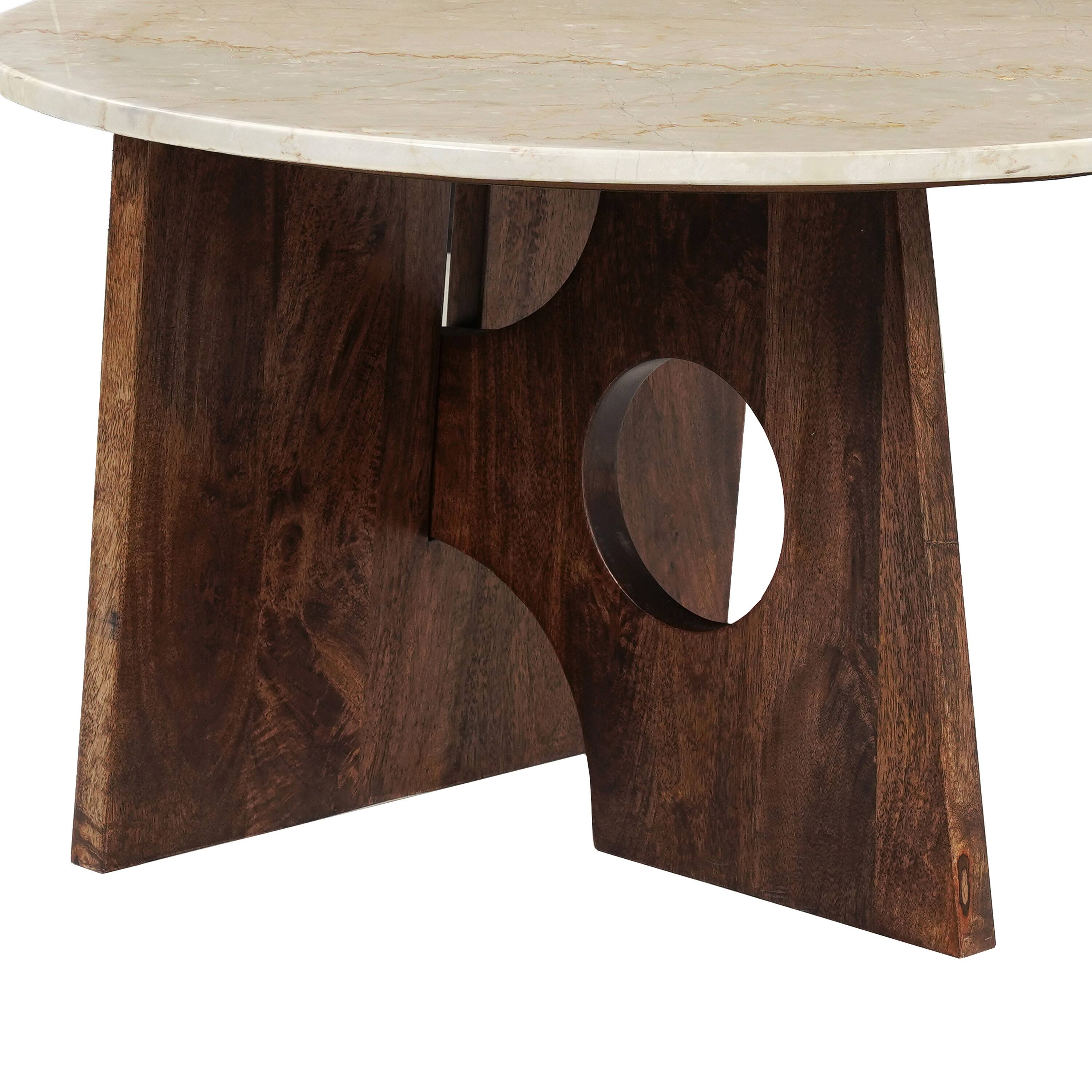 Left. Manhattan Lane - Kali Coffee Table, 27" Natural Round Marble Tabletop, Mango Wood Sculptural Base - Brown, White.