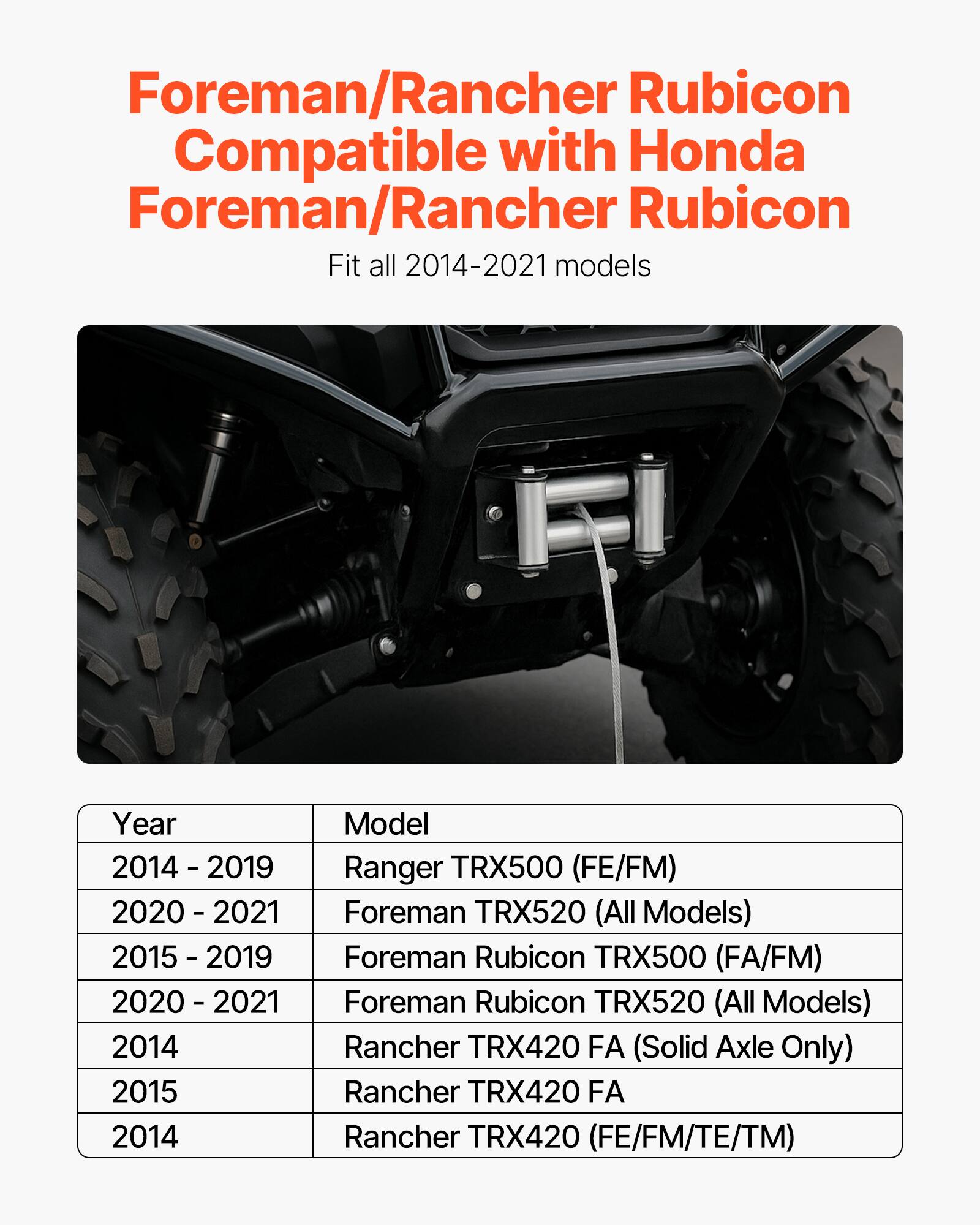 Foreman/Rancher Rubicon Compatible with Honda Foreman/Rancher Rubicon  
Fit all 2014-2021 models  

Year | Model  
--- | ---  
2014 - 2019 | Ranger TRX500 (FE/FM)  
2020 - 2021 | Foreman TRX520 (All Models)  
2015 - 2019 | Foreman Rubicon TRX500 (FA/FM)  
2020 - 2021 | Foreman Rubicon TRX520 (All Models)  
2014 | Rancher TRX420 FA (Solid Axle Only)  
2015 | Rancher TRX420 FA  
2014 | Rancher TRX420 (FE/FM/TE/TM)
