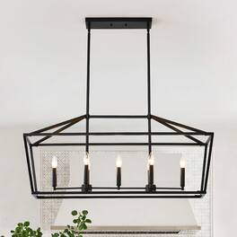 Loheer - Farmhouse Kitchen Island Lighting, Matte Black Five Light Linear Chandelier for Dining Room