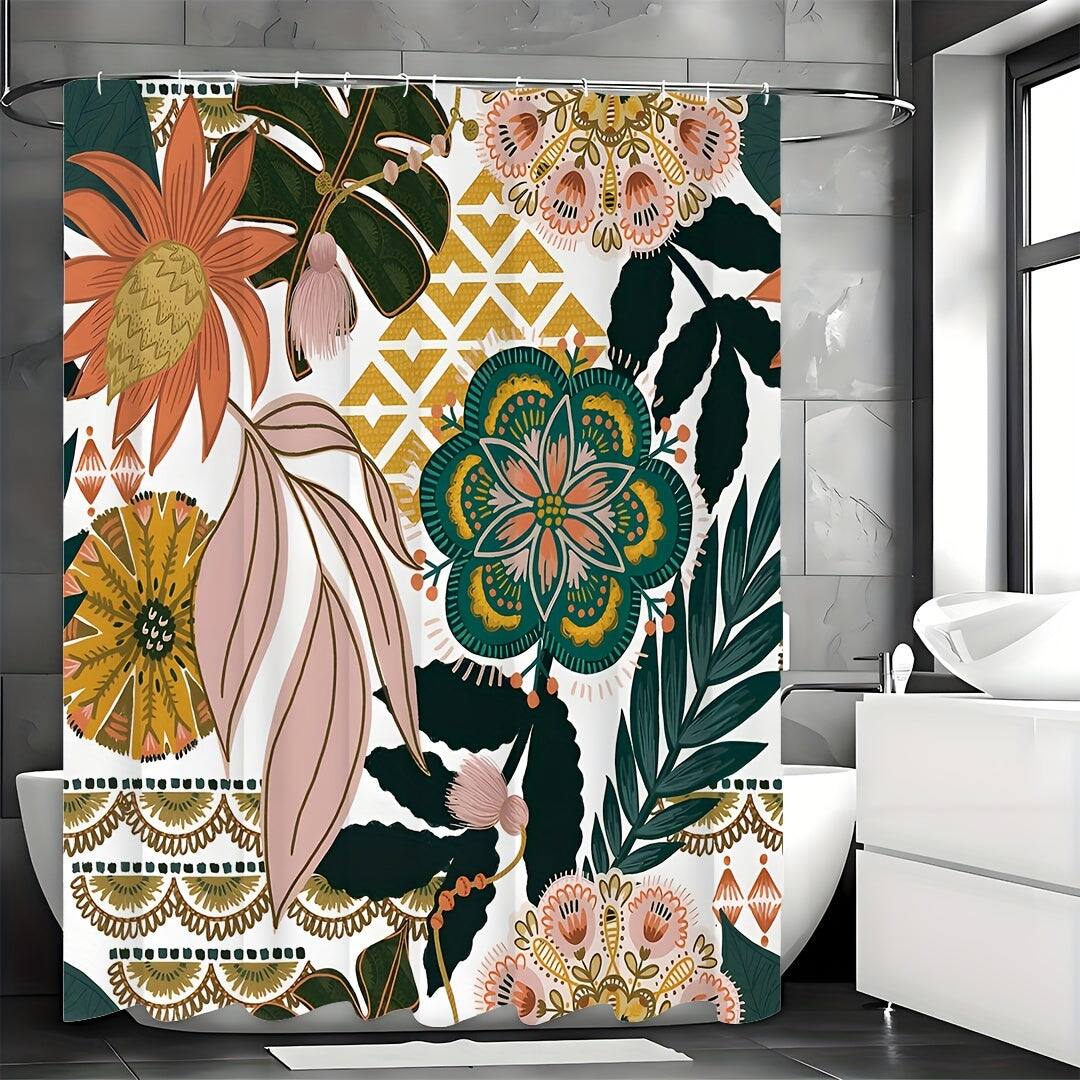 Angle. blue - Boho Floral Shower Curtain, Tropical Leaves Fabric Cloth Shower Curtains for Chic Elegant Bathroom Deco - multicolor180.