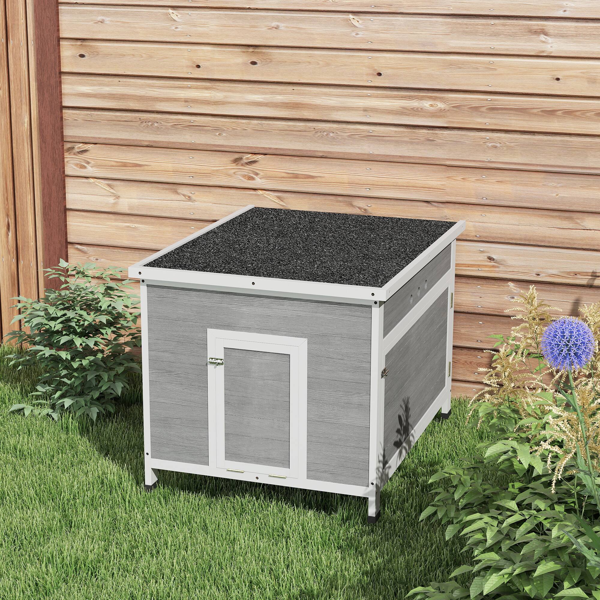 Alt View 8. Pawhut - Duck Coop with Openable Roof, Removable Floor, Double Doors, Ramp, for 3-6 Ducks, Chickens - Light Gray.