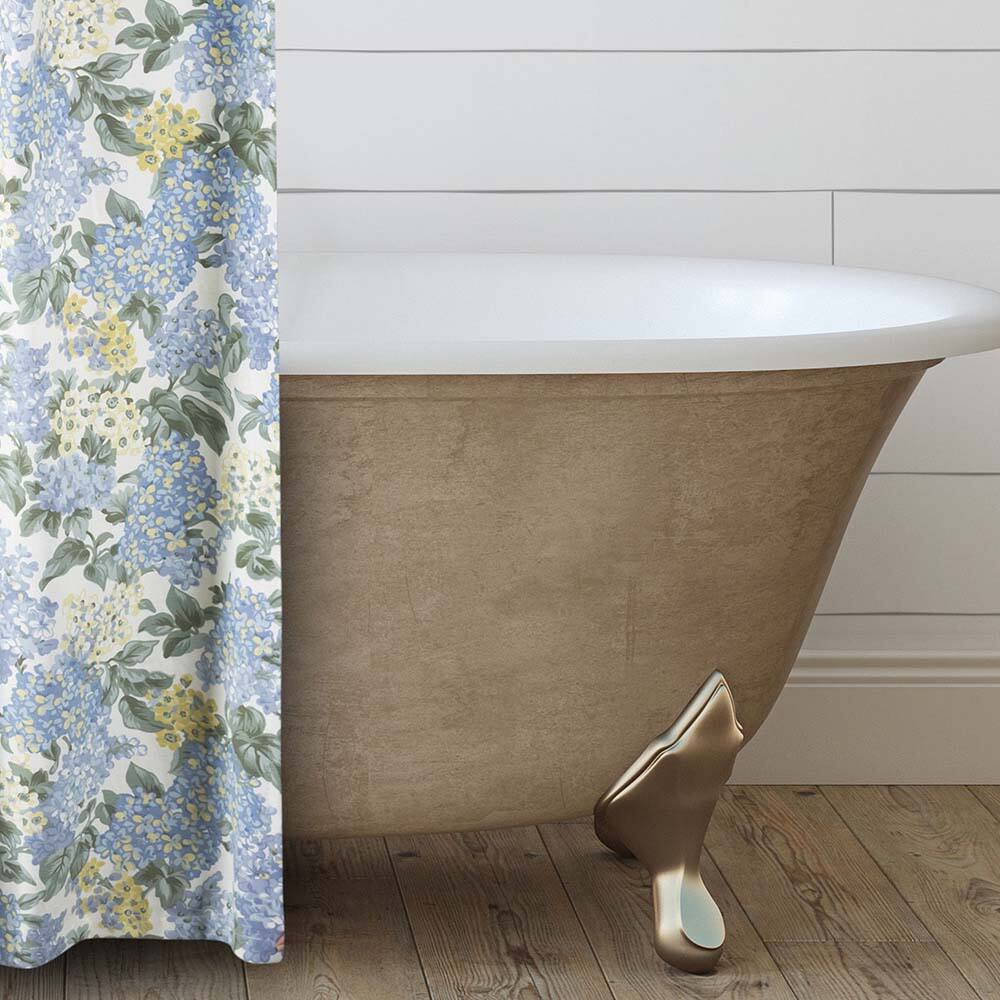 Angle. Ellis Curtain - Ellis Hydrangea Classic Pattern Printed High Quality Piped Edge Button Holes Shower Curtain 72"x72" Blue - Blue.