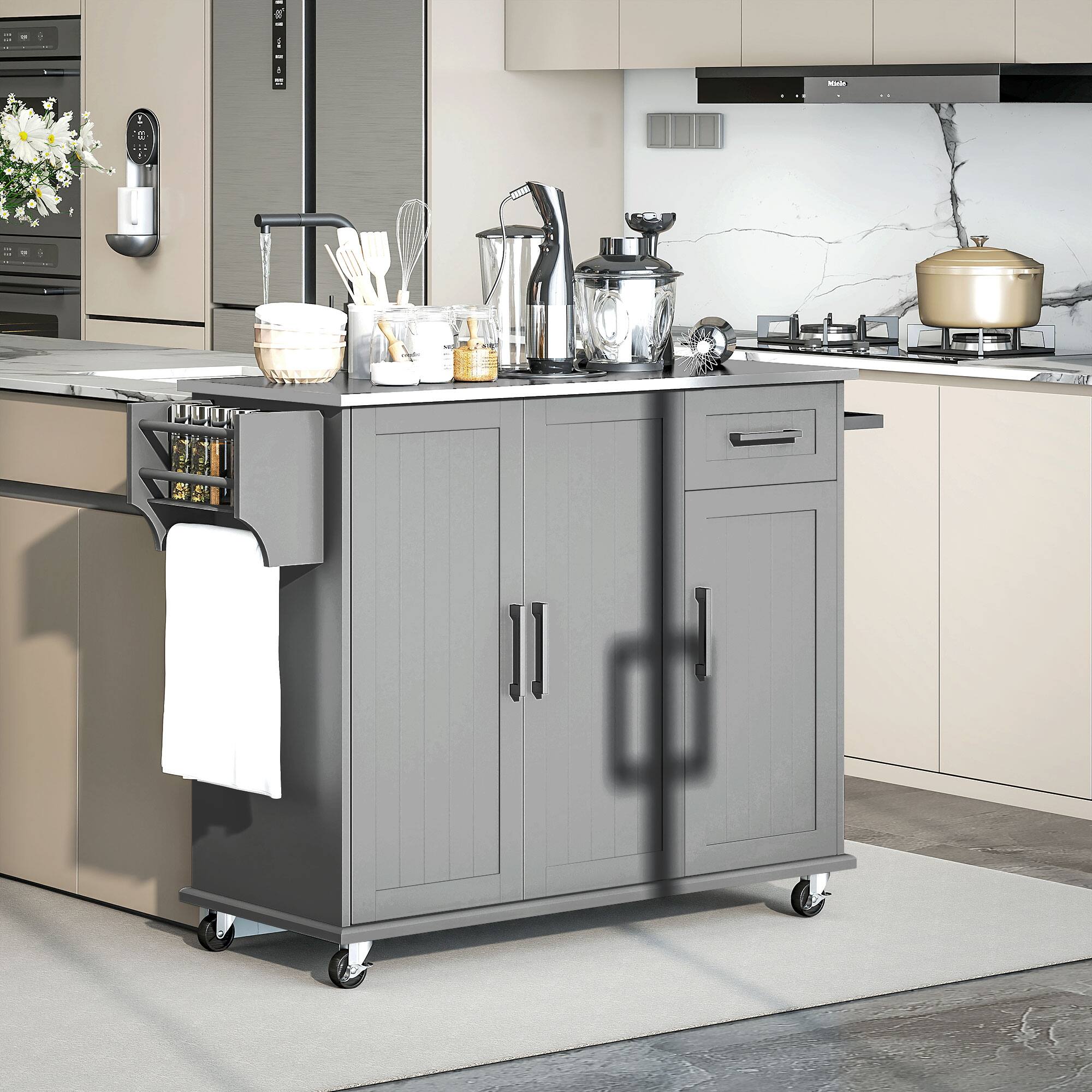 Alt View 8. Homcom - Kitchen Island Cart with Storage, Rolling Cart with Drawer, 3 Cabinets, Stainless Steel Countertop, Spice Rack & Towel - gray.