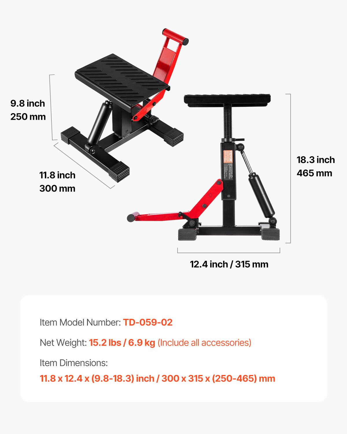 9.8 inch 250 mm  
11.8 inch 300 mm  
18.3 inch 465 mm  
12.4 inch / 315 mm  

Item Model Number: TD-059-02  
Net Weight: 15.2 lbs / 6.9 kg (Include all accessories)  
Item Dimensions: 11.8 x 12.4 x (9.8-18.3) inch / 300 x 315 x (250-465) mm