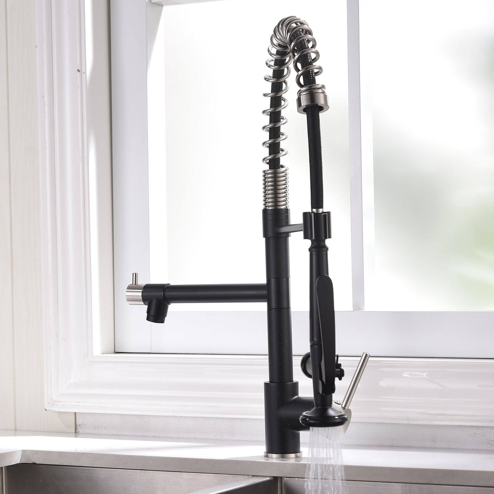 Alt View 7. Boyel Living - Matte Black with Brushed Nickel Dual Function Single Handle Gooseneck Pull Down Sprayer Kitchen Faucet - Matte Black with Brushed Nickel.