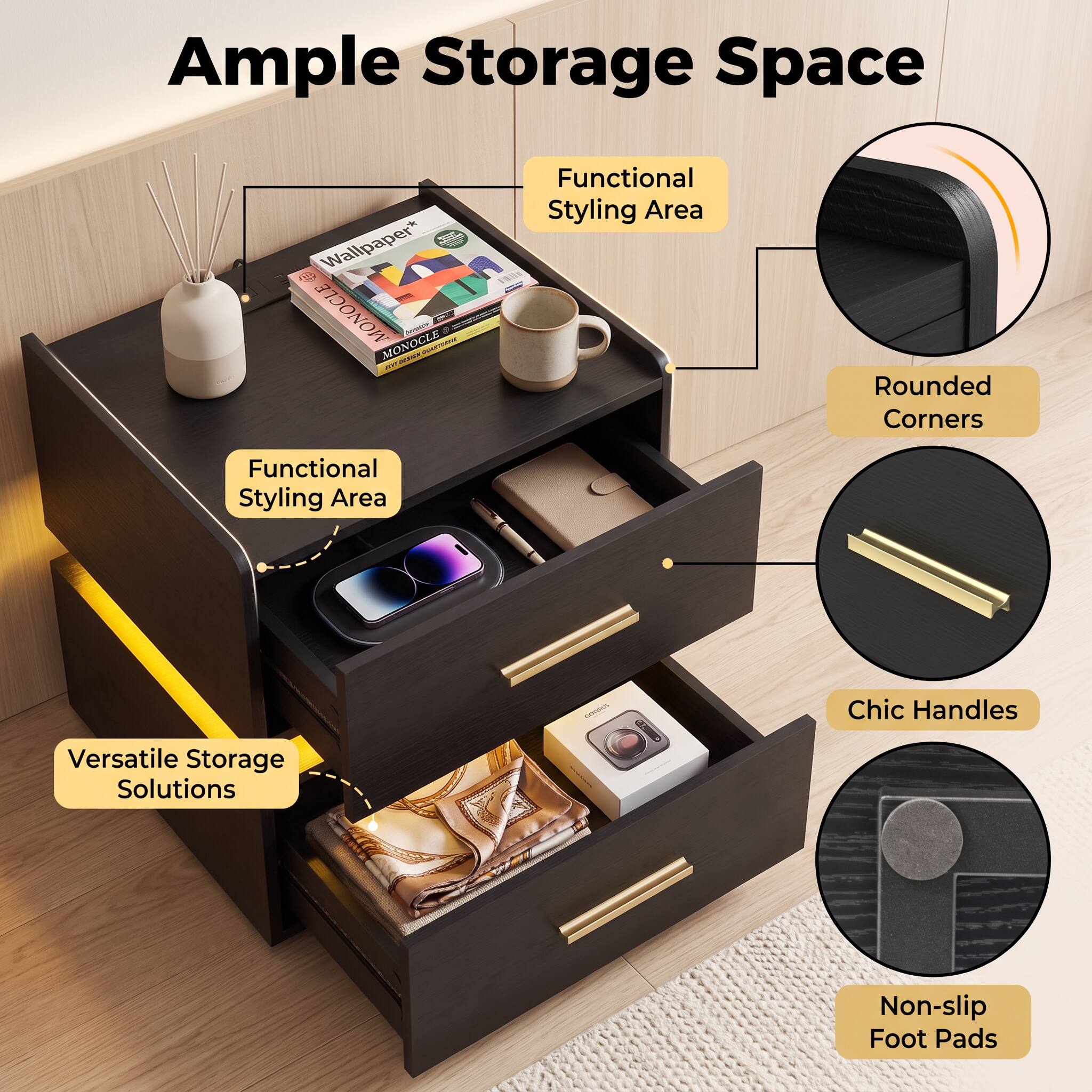 Ample Storage Space

- Functional Styling Area
- Rounded Corners
- Chic Handles
- Versatile Storage Solutions
- Non-slip Foot Pads