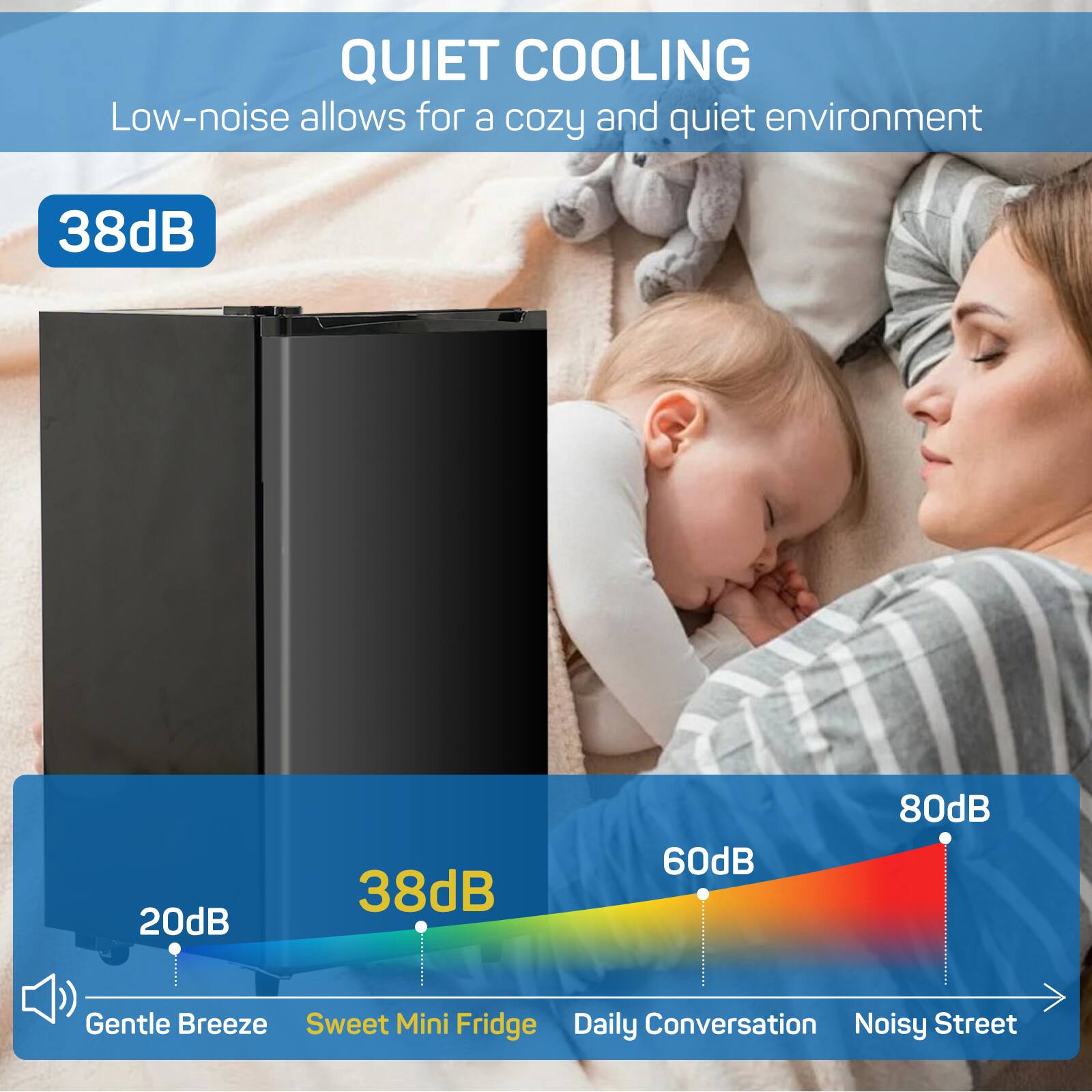 QUIET COOLING  
Low-noise allows for a cozy and quiet environment  

38dB  

20dB  
Gentle Breeze  
Sweet Mini Fridge  
38dB  
Daily Conversation  
60dB  
Noisy Street  
80dB