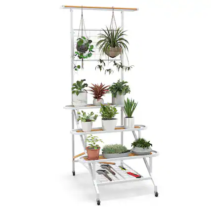 Front. Costway - 4-Tier Hanging Plant Stand Ladder Plant Shelf with Hanging Bar & Trellis - White + Tan.