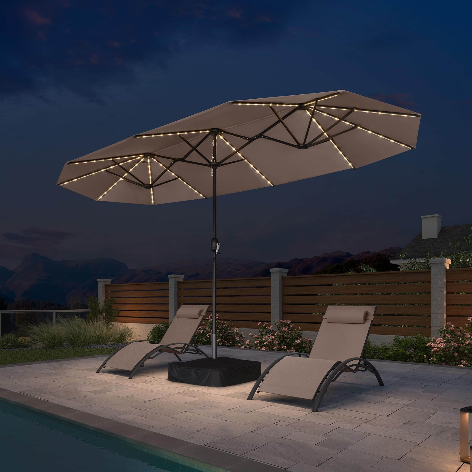 PURPLE LEAF - 13 ft. Patio Market Umbrella with Solar LED and Base Double-Sided Outdoor Table Sun Umbrellas for Pool Deck Backyard - Taupe