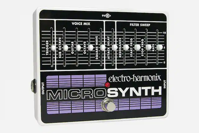 9V +
VOICE MIX
FILTER SWEEP
TRIGGER
SUB OCTAVE
GUITAR
OCTAVE
SQUARE WAVE
ATTACK DELAY
RESONANCE
START FREQ
STOP FREQ
RATE
10
5
0
electro-harmonix
MICRO SYNTH
INPUT
OUTPUT