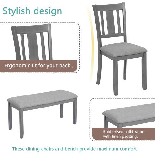 Stylish design  
Ergonomic fit for your back  
Rubberised solid wood with linen padding.  
These dining chairs and bench provide maximum comfort