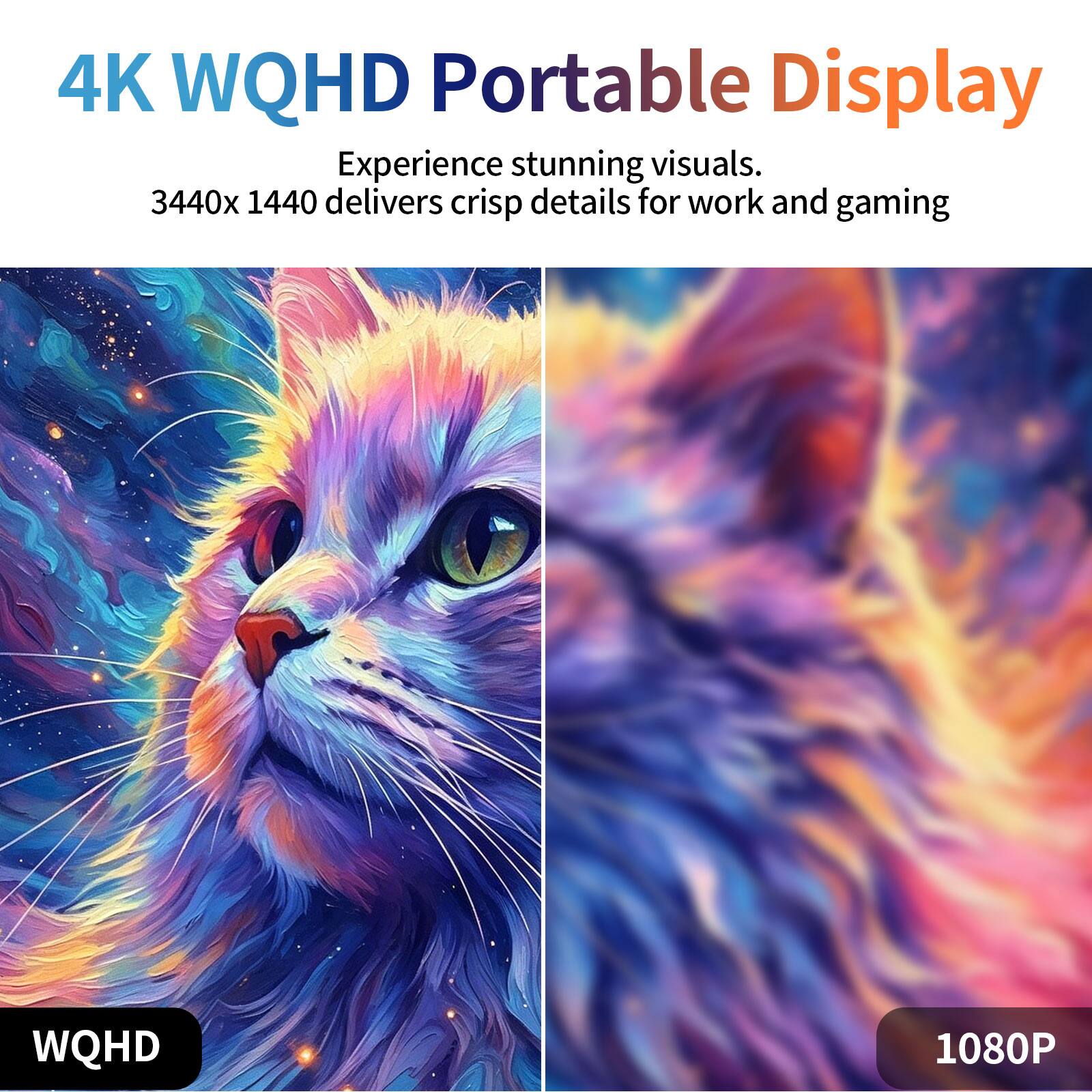 4K WQHD Portable Display  
Experience stunning visuals.  
3440x1440 delivers crisp details for work and gaming  

WQHD  
1080P