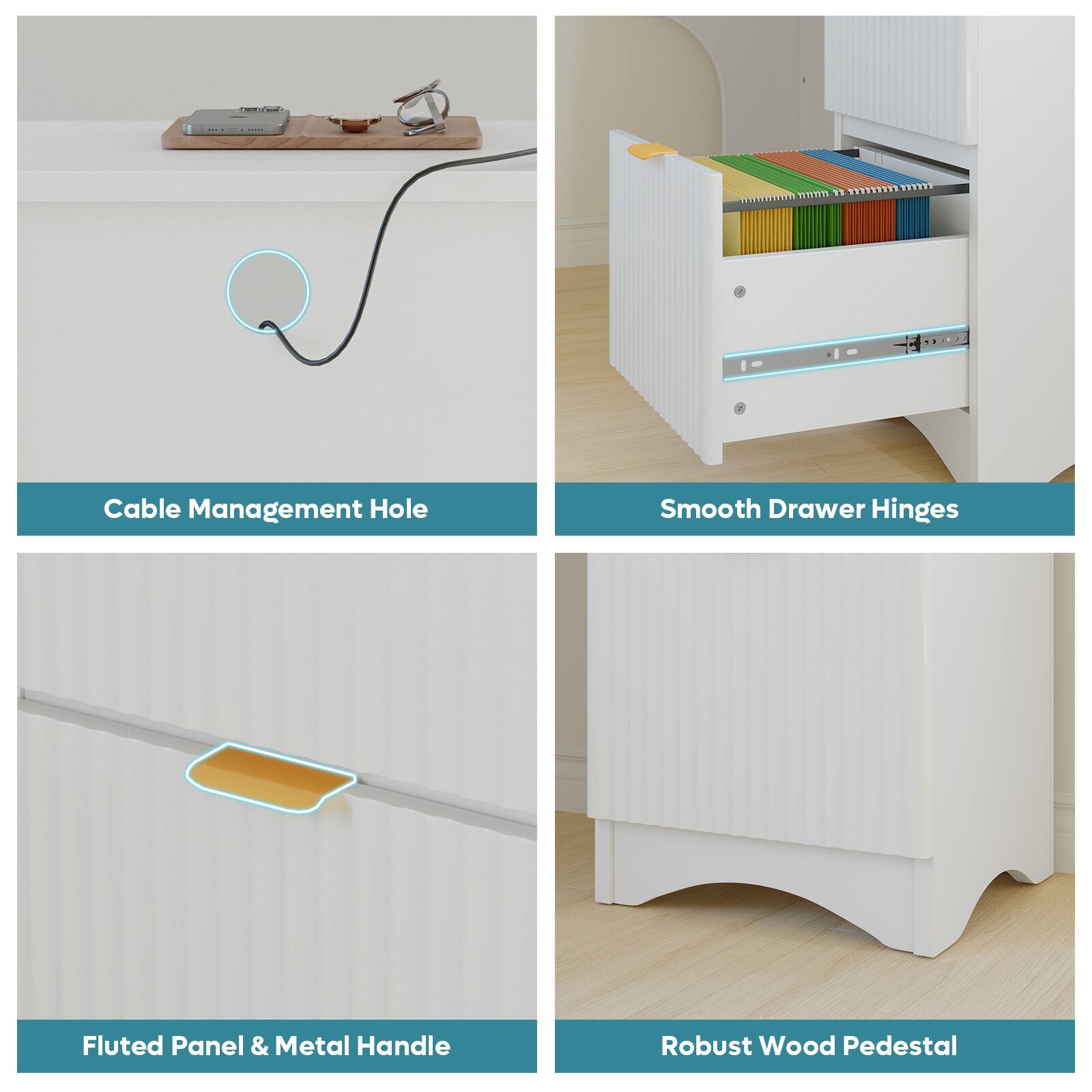 Cable Management Hole, Smooth Drawer Hinges, Fluted Panel & Metal Handle, Robust Wood Pedestal
