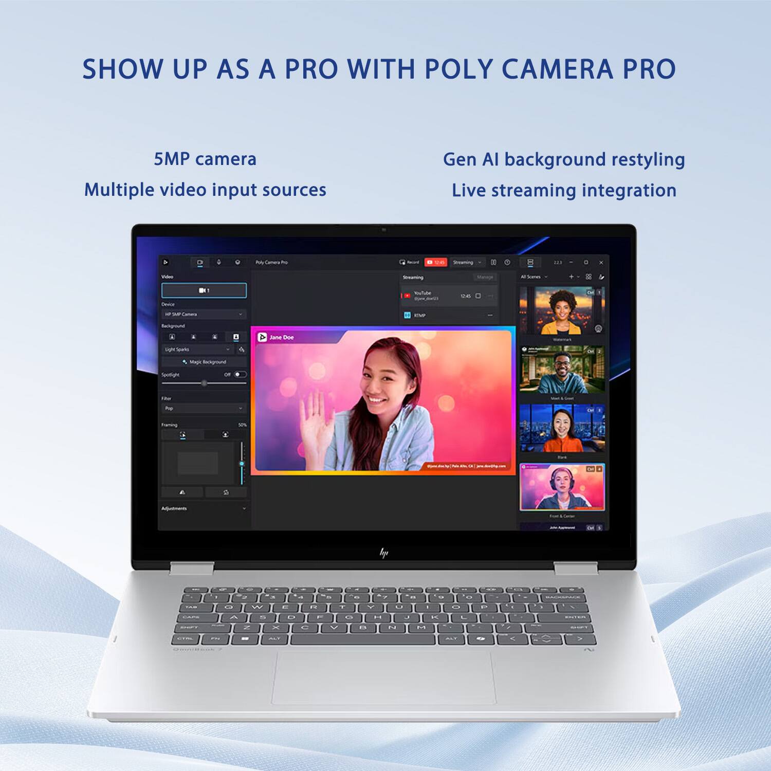 SHOW UP AS A PRO WITH POLY CAMERA PRO

5MP camera
Multiple video input sources
Gen AI background restyling
Live streaming integration