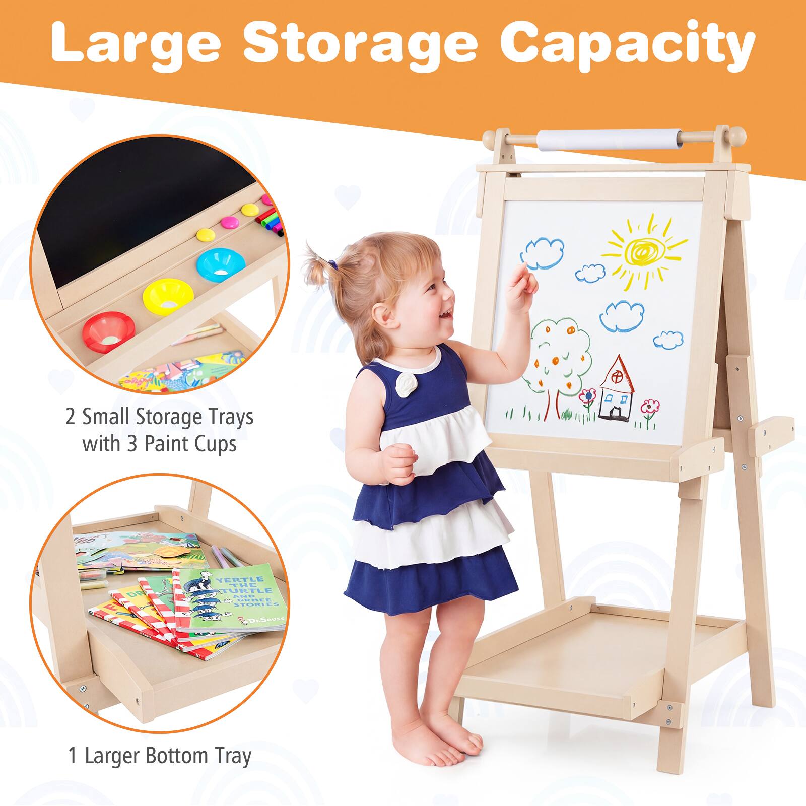 Large Storage Capacity  
2 Small Storage Trays with 3 Paint Cups  
1 Larger Bottom Tray