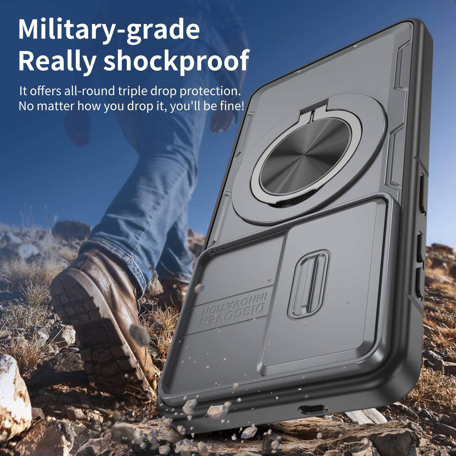 Military-grade Really shockproof.  
It offers all-round triple drop protection.  
No matter how you drop it, you'll be fine!  
ONNI DISCOVER