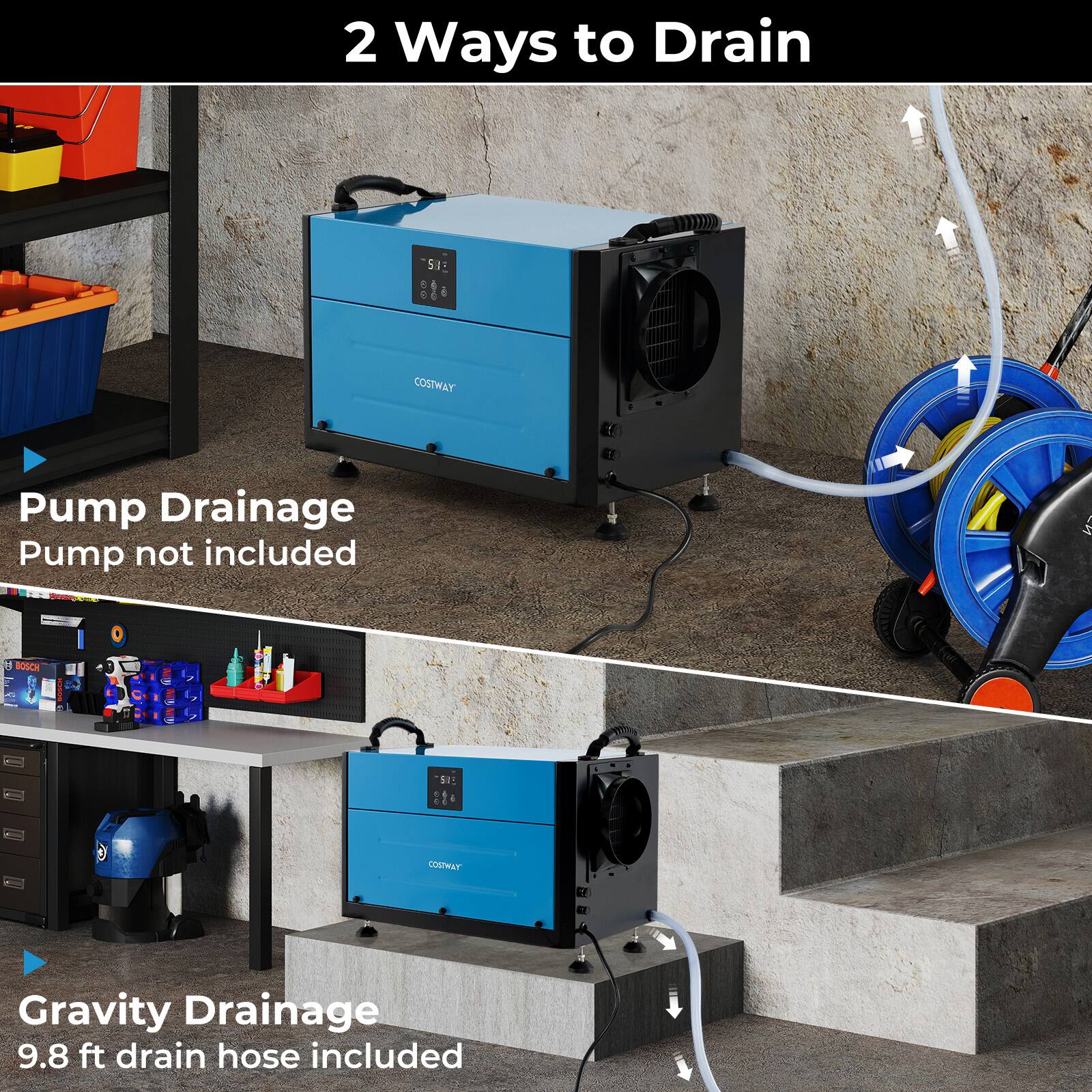 2 Ways to Drain:

1. Pump Drainage: Pump not included
2. Gravity Drainage: 9.8 ft drain hose included