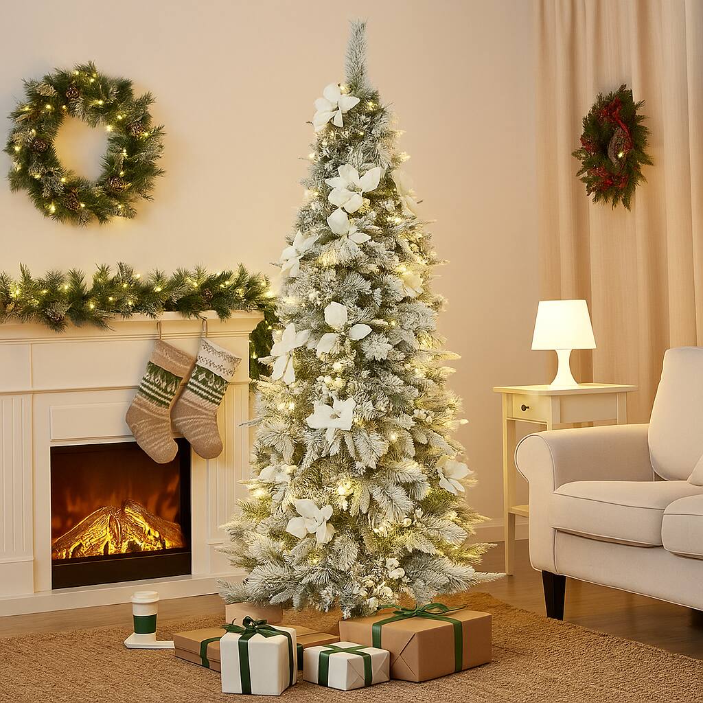 Angle. BreeBe - Flocked Christmas Tree with Berries and Poinsettias – 5ft 6ft 7ft 8ft - White.