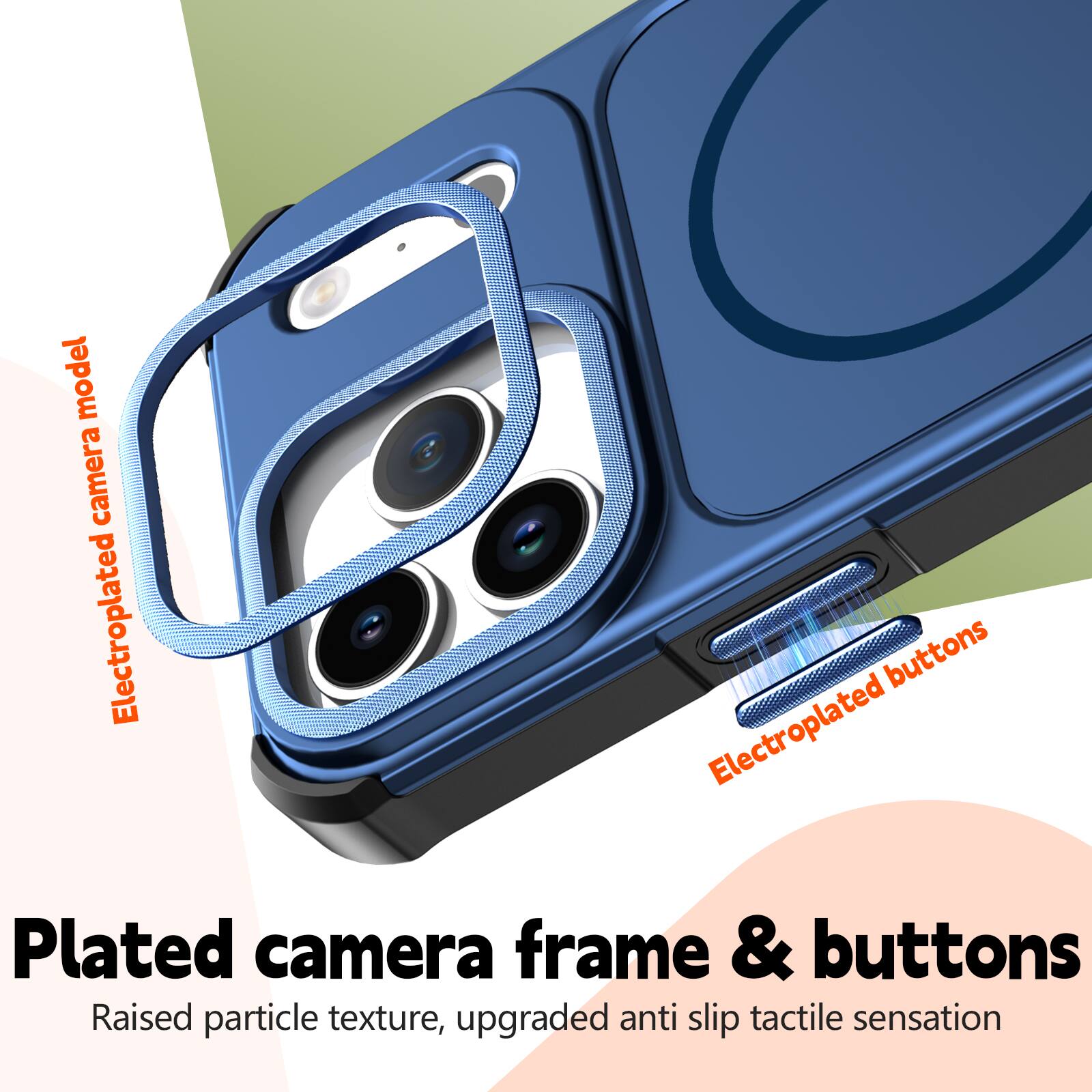 Electroplated camera model

Electroplated buttons

Plated camera frame & buttons

Raised particle texture, upgraded anti slip tactile sensation