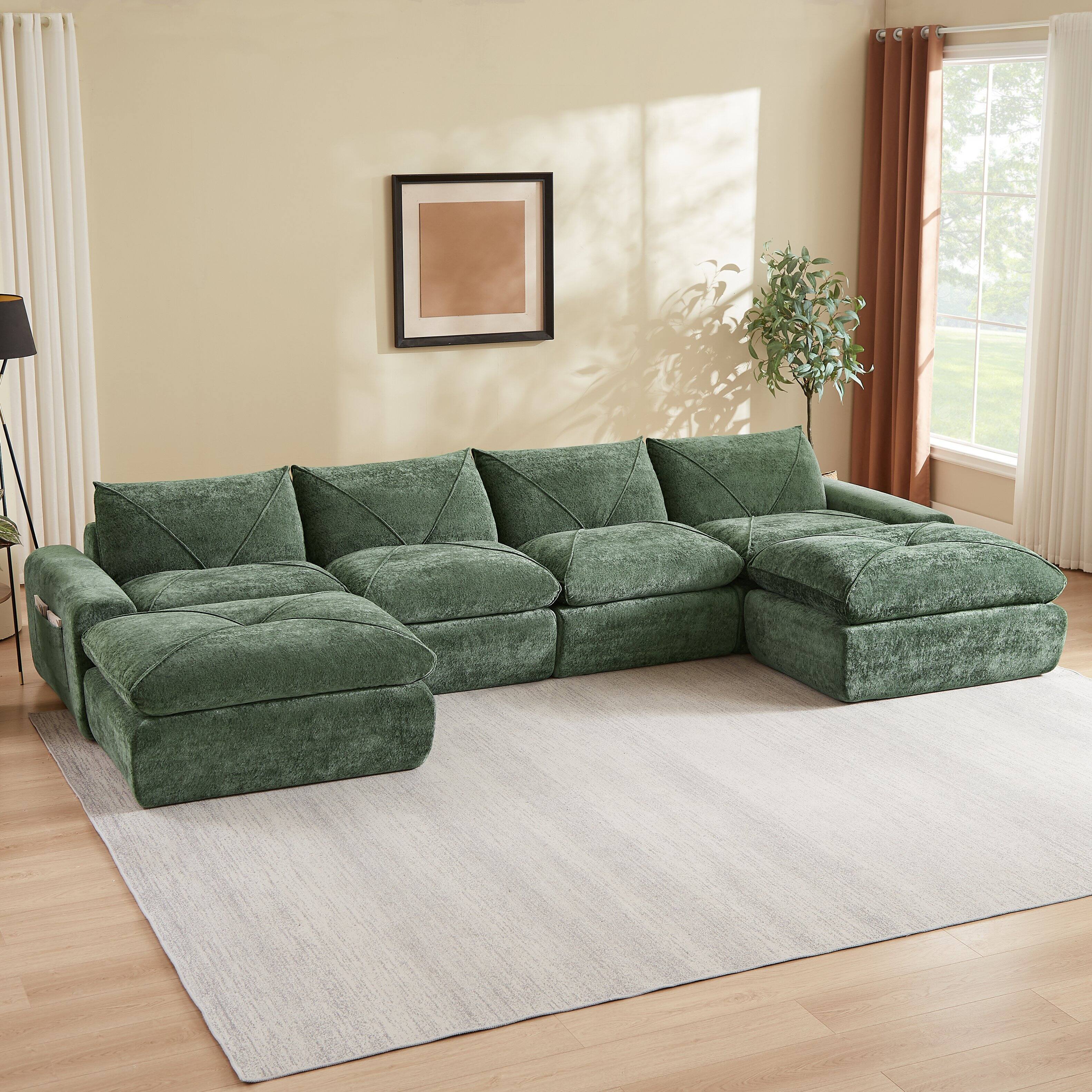 Angle. Loheer - Loheer Large Living Room Sectional Chenille Sofa with Footrest 152 Inch Modern Modular Couch for Family - Green.